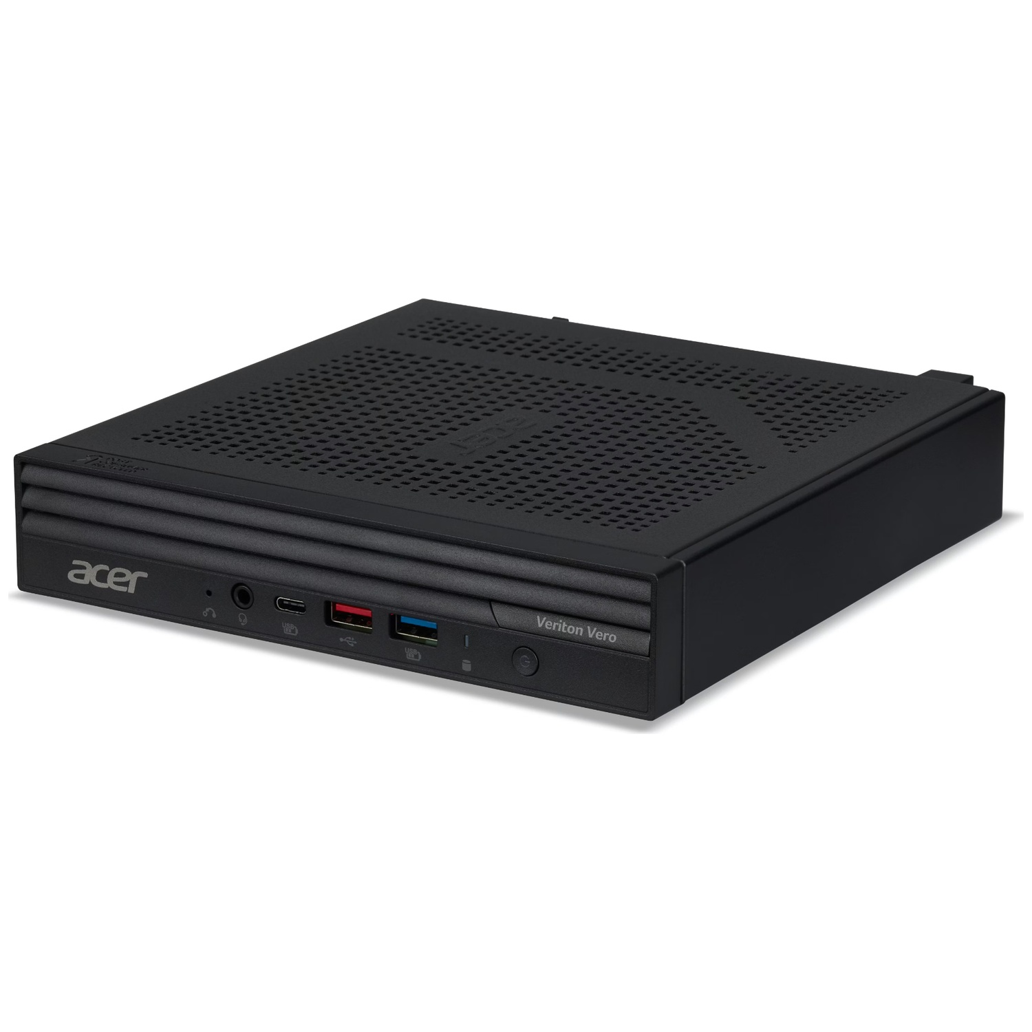 Black Acer Veriton Vero mini PC with ventilation slots and ports.