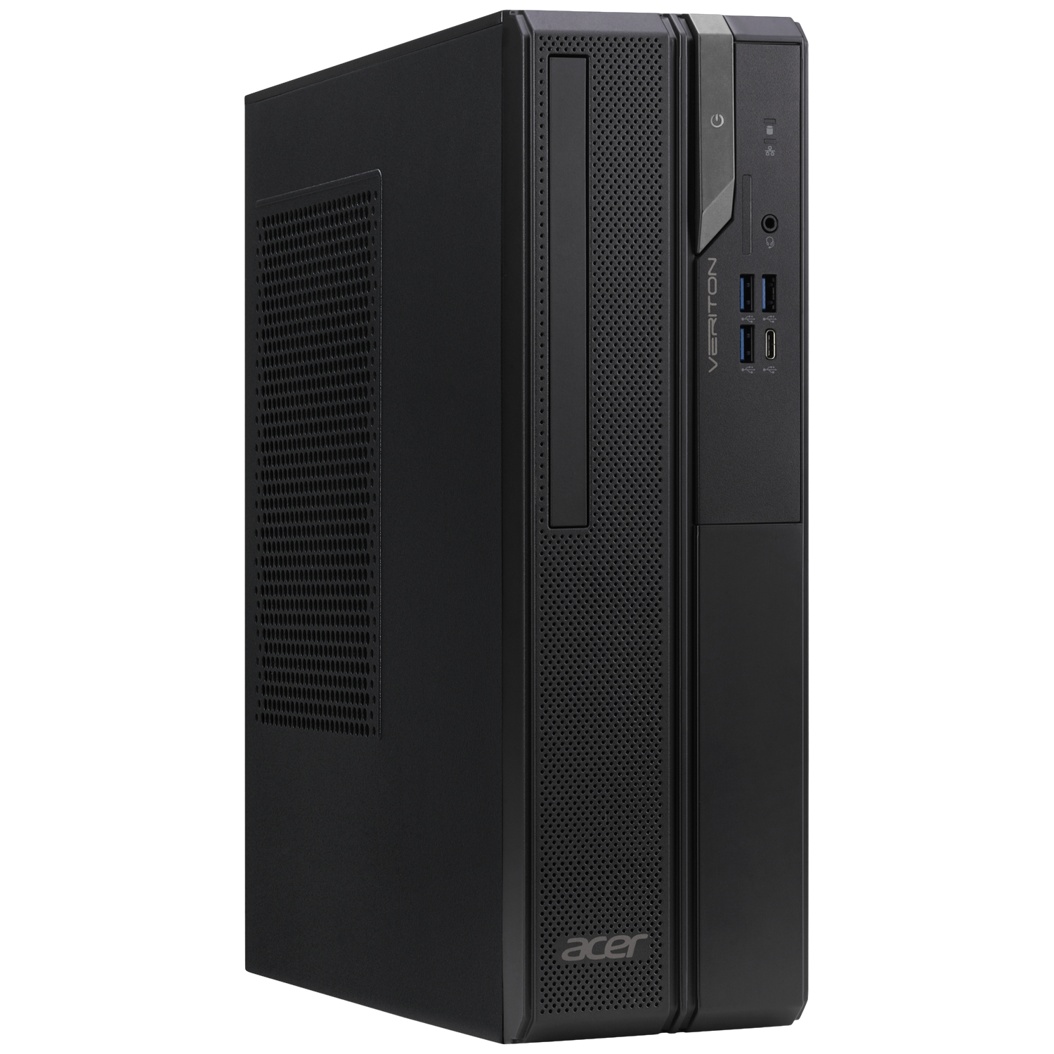 Zwarte Acer Veriton pc-behuizing met luchtinlaatgrill en poorten.