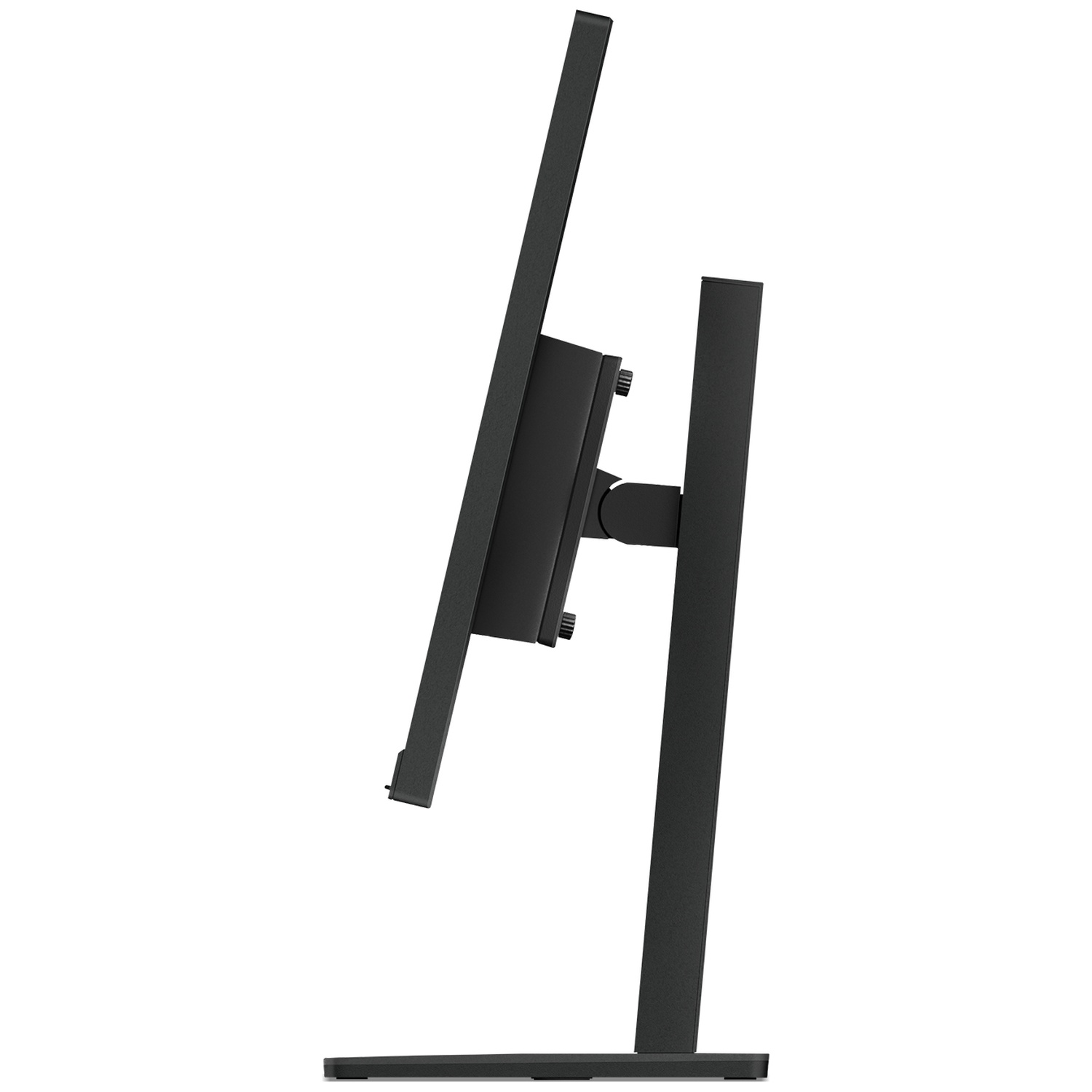 Moniteur informatique noir avec bras pivotant sur un socle.