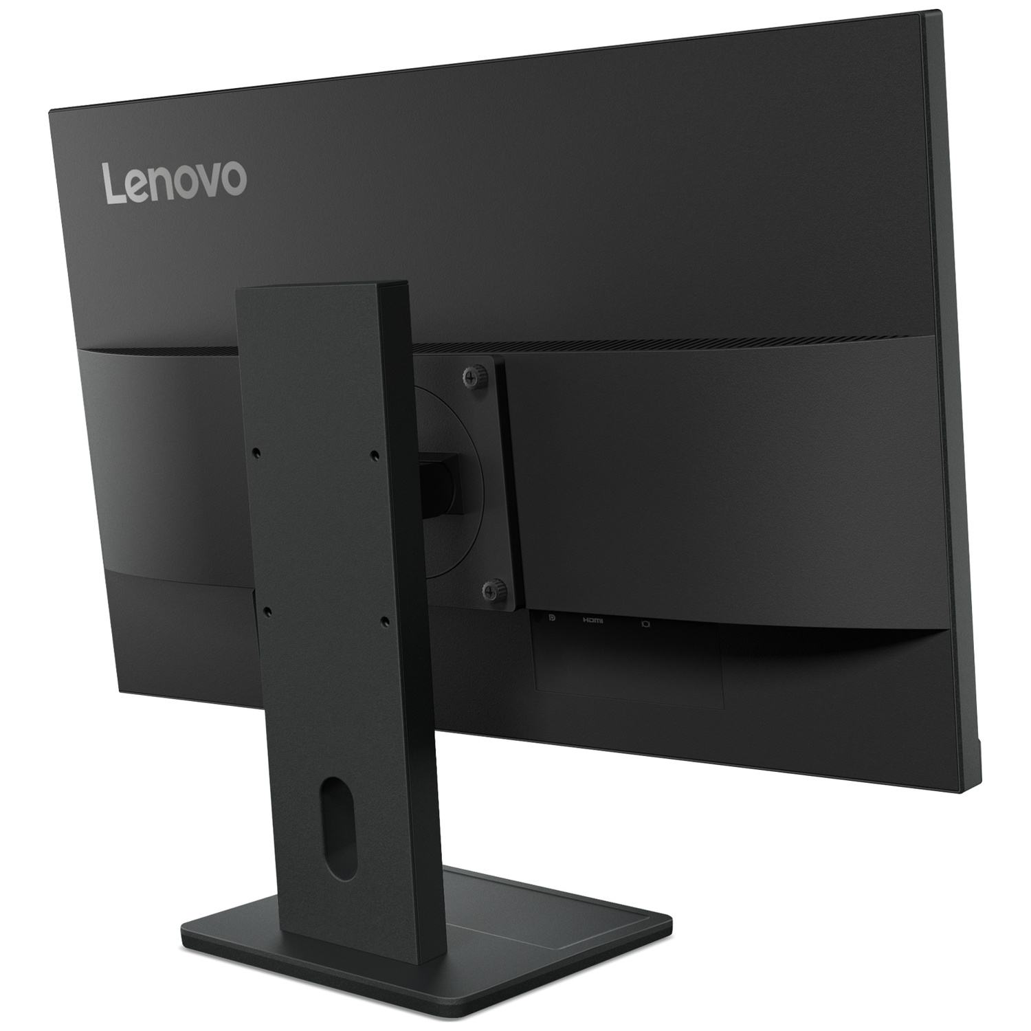 Arrière d'un moniteur Lenovo noir avec pied et ports visibles.