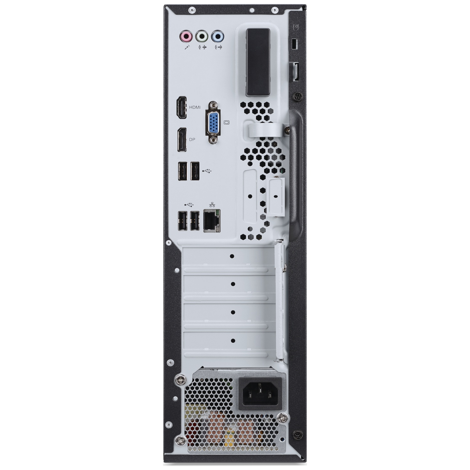 Achterkant van een computer met poorten: audio, HDMI, DP, USB, Ethernet, stroom.