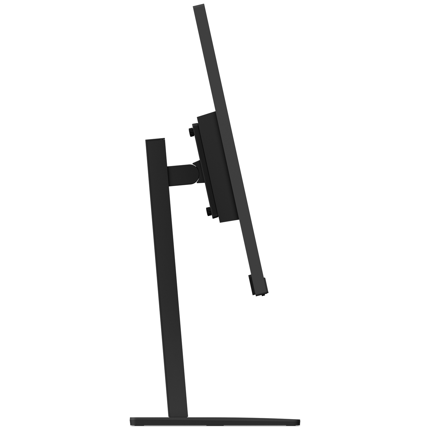 Moniteur d'ordinateur noir sur un support, vu de côté.