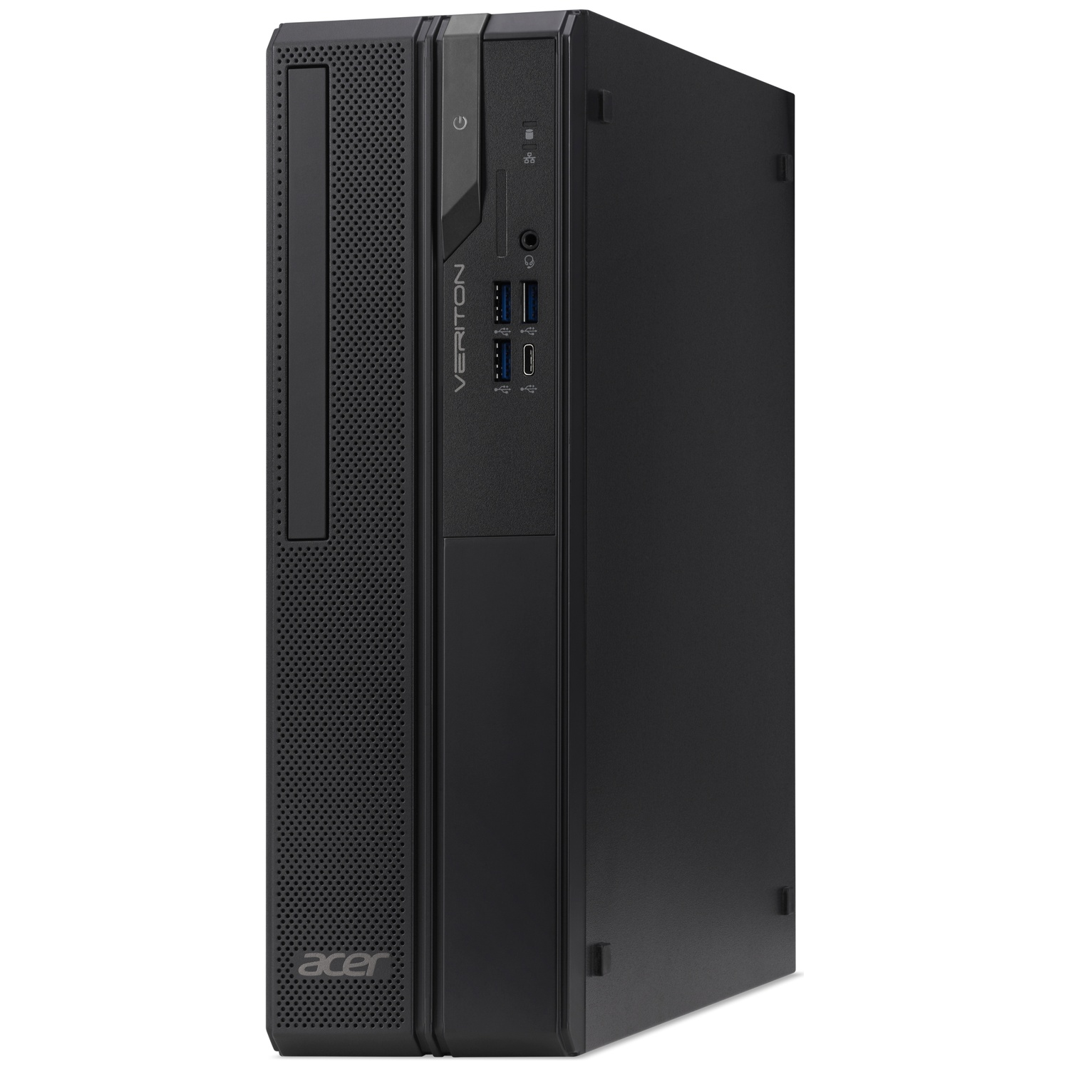 A black Acer Veriton computer tower with ports and ventilation.