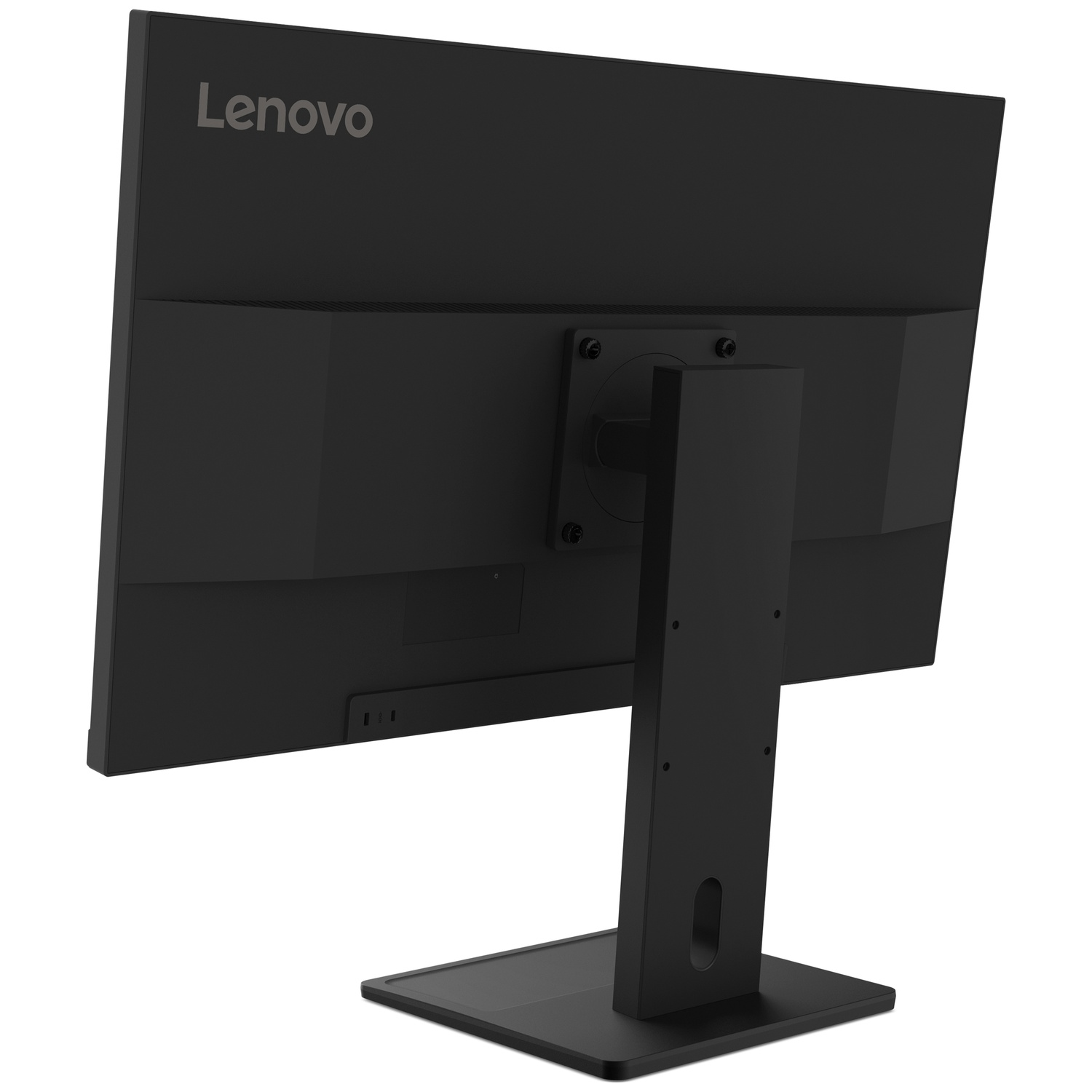 Vue arrière d'un moniteur Lenovo noir avec pied et ports.