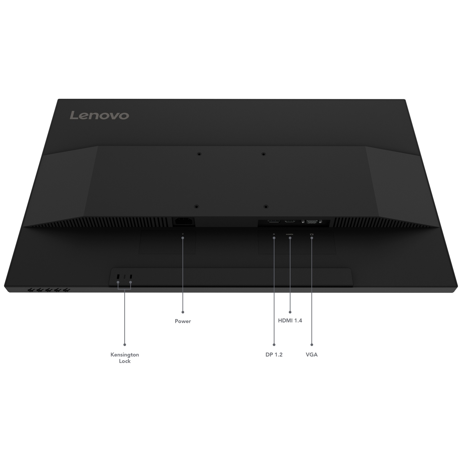 Arrière d'un moniteur Lenovo noir montrant les ports : Kensington Lock, Power, HDMI, DP 1.2, VGA.
