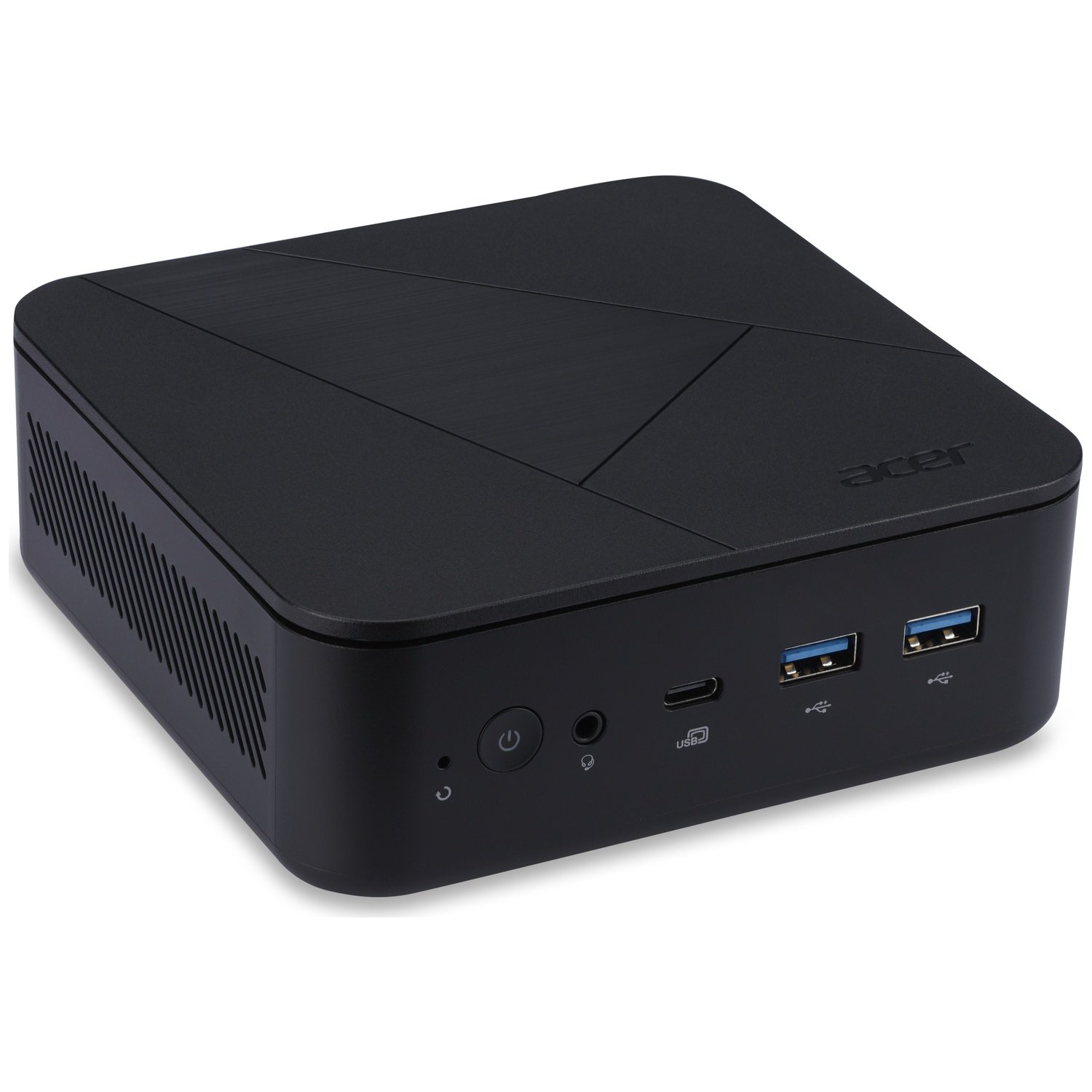 Zwarte Acer mini-pc met poorten en aan/uit-knop.