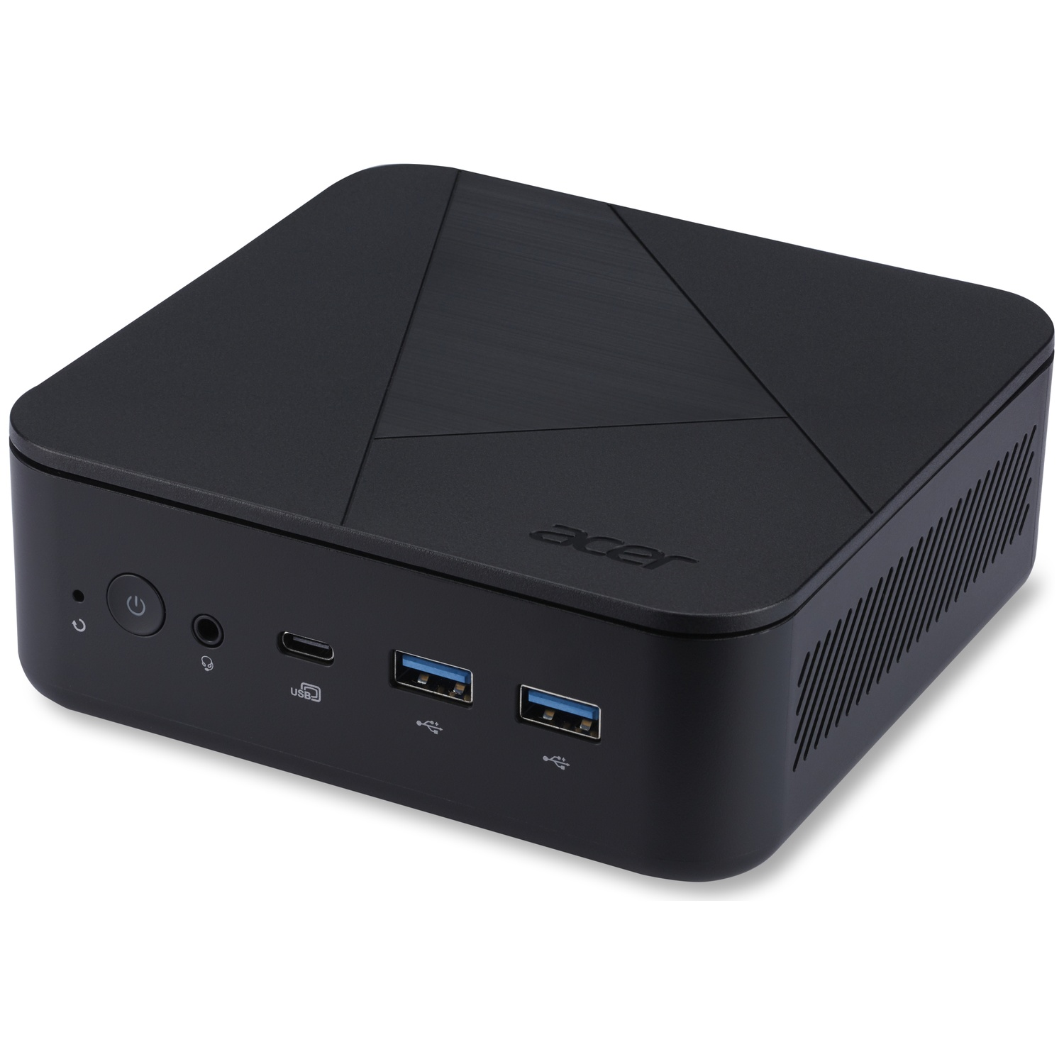 Een zwarte Acer mini-pc met USB-poorten, aan/uit-knop en audio-aansluiting aan de voorkant.