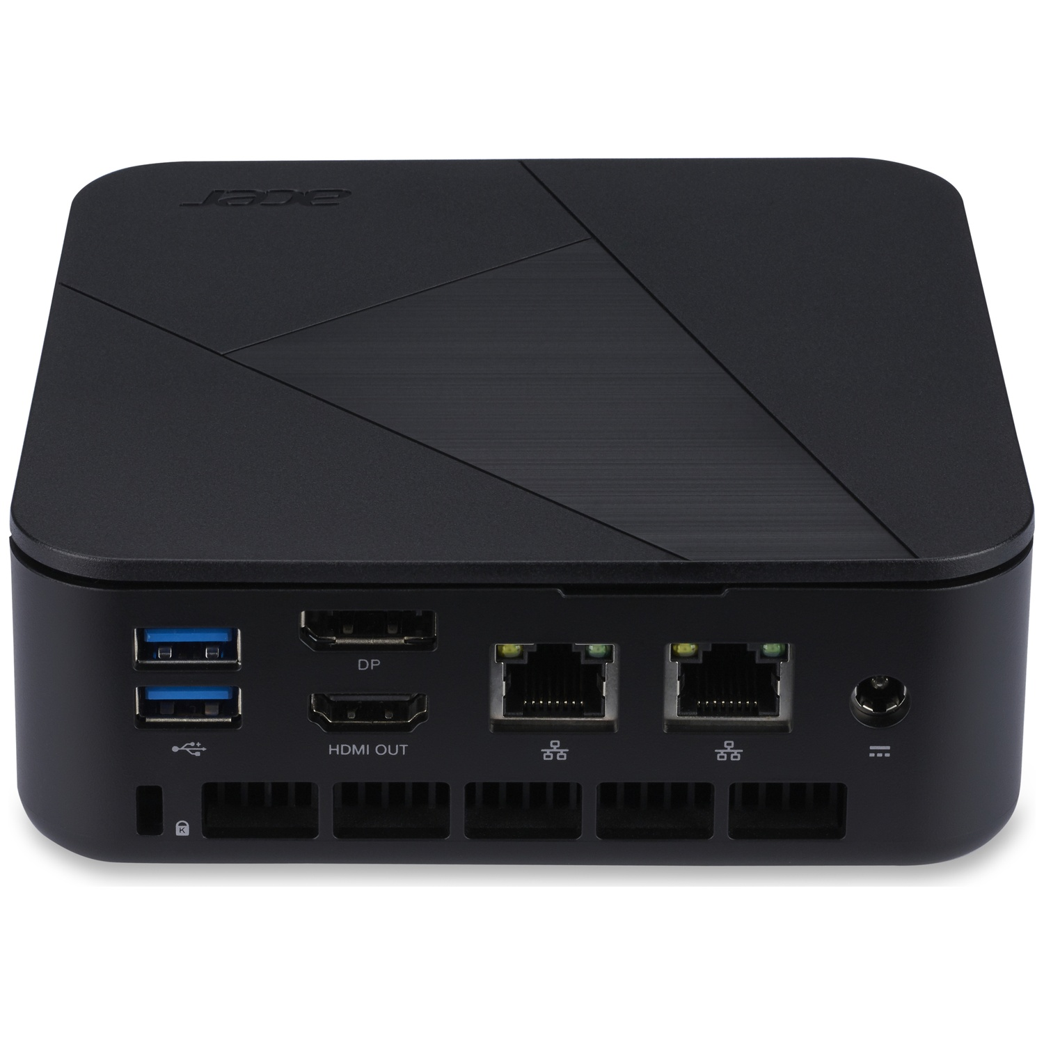 Zwarte Acer mini-pc met USB-, DP-, HDMI- en netwerkpoorten aan de achterzijde.