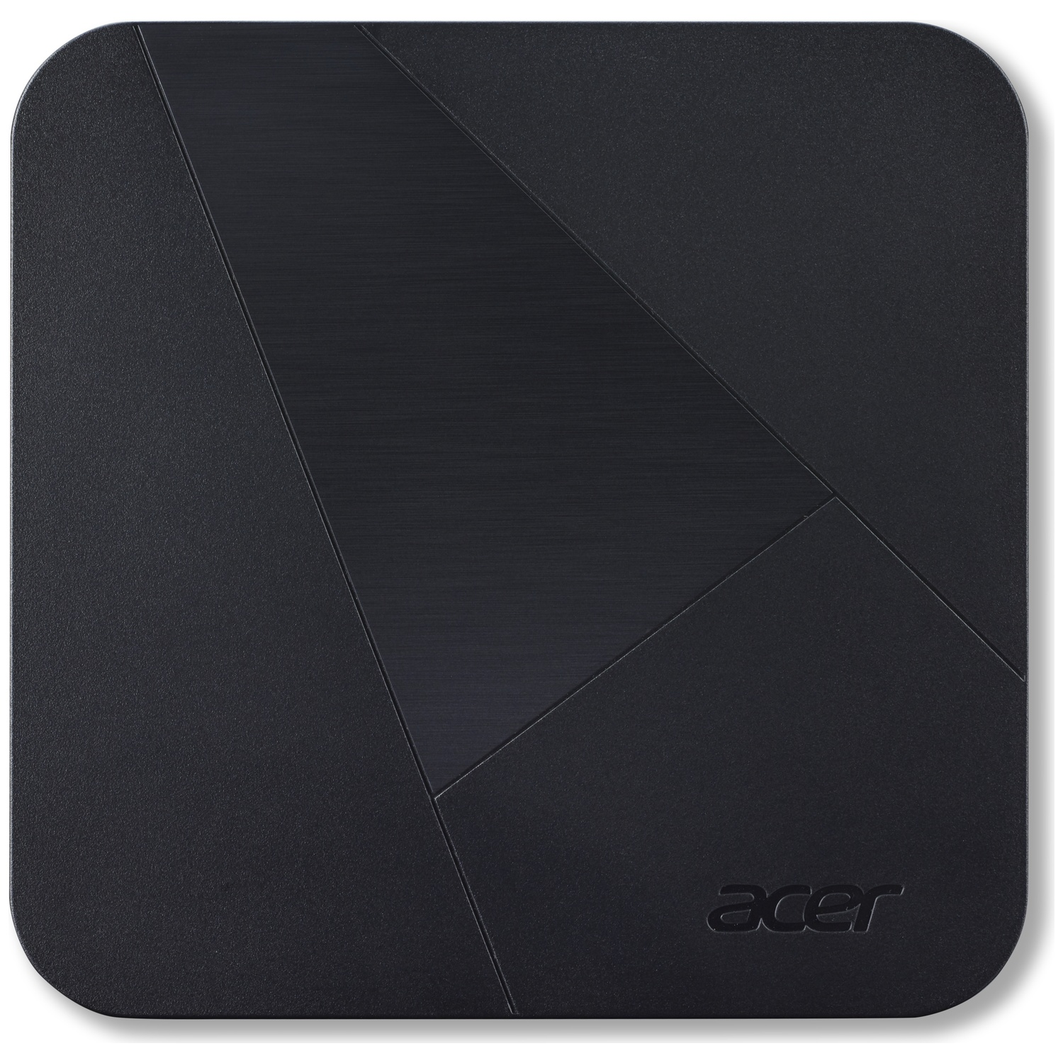 Zwart Acer-apparaat met geometrisch patroon en geborstelde afwerking.