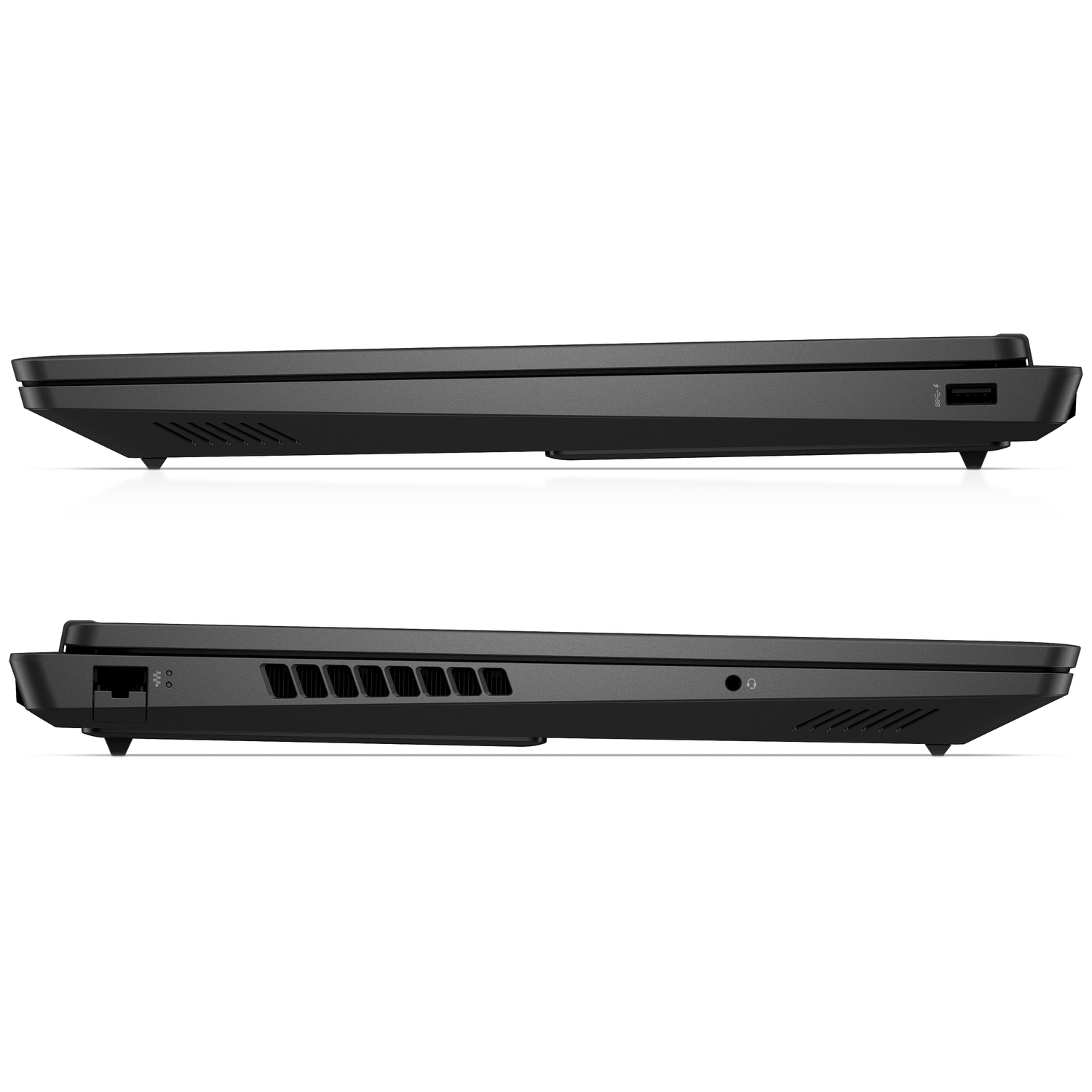 Side view of a black laptop showing ports and ventilation grilles.