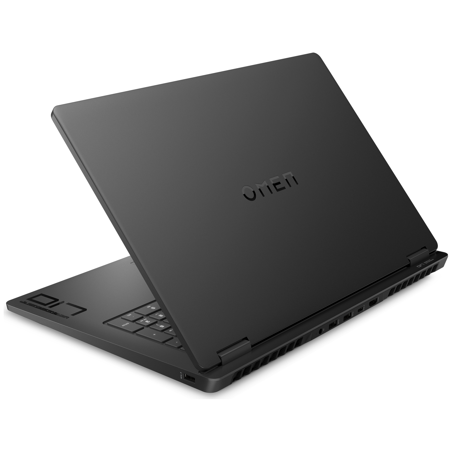 Black laptop with lid open, showing illuminated keyboard. OMEN logo visible on top.
