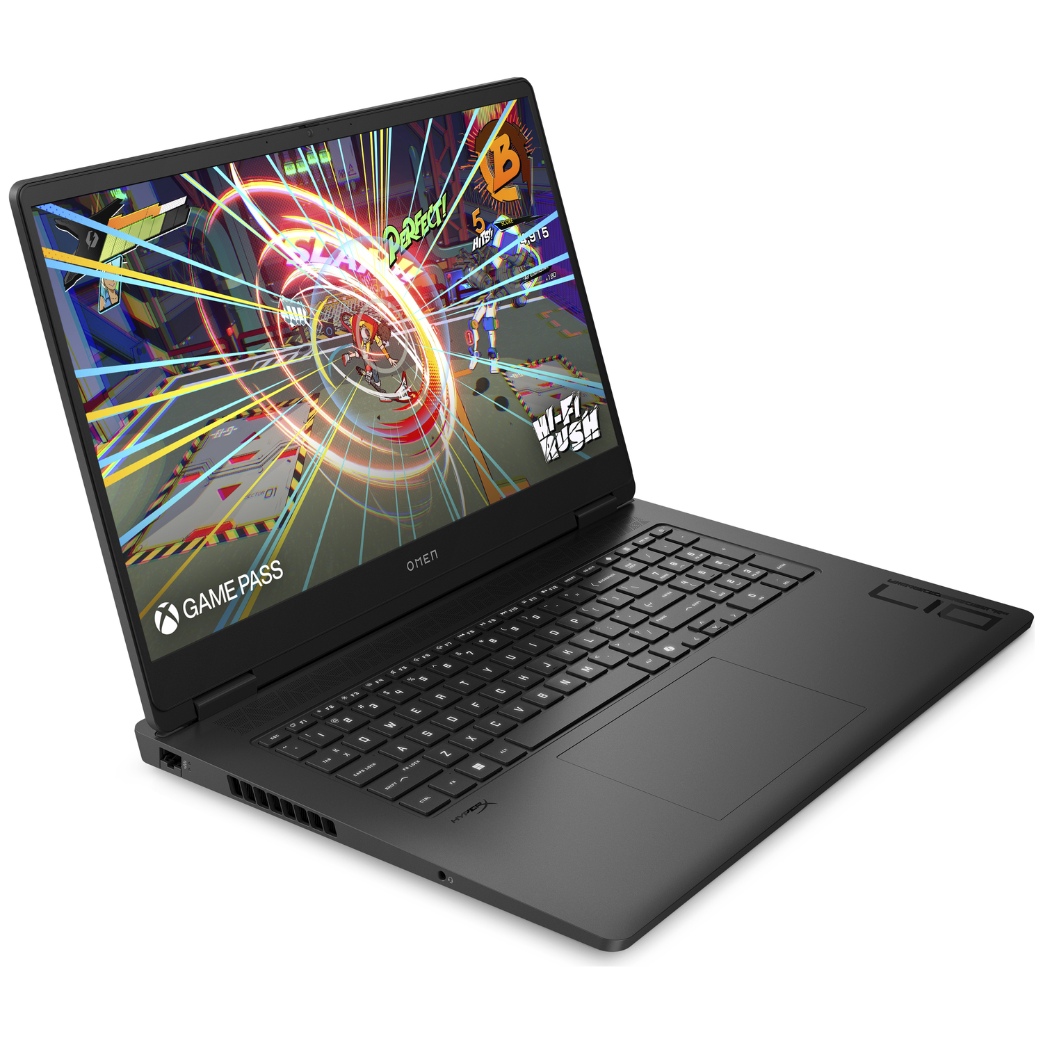 Black laptop with a vibrant screen displaying a game. Xbox Game Pass logo visible.