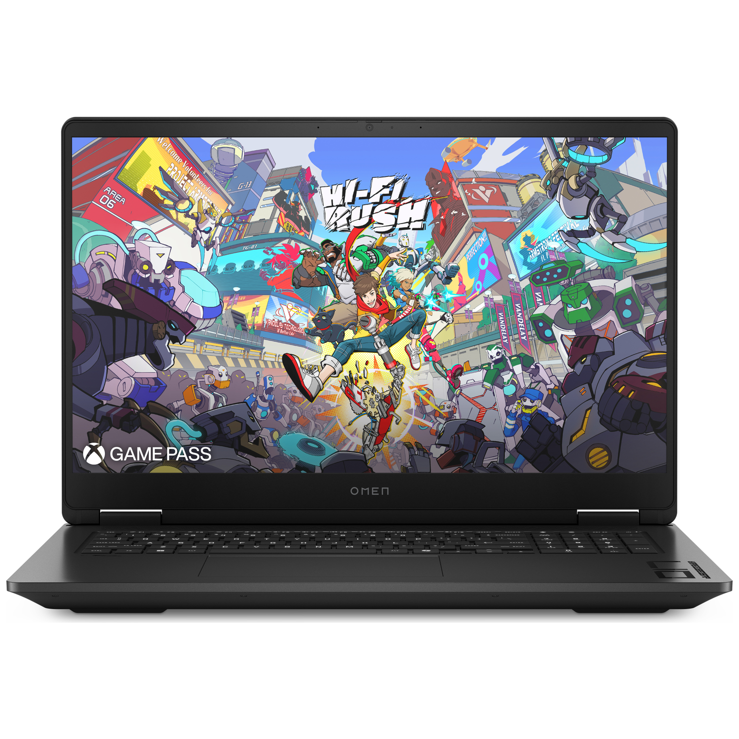 Black laptop displaying a vibrant anime game with robots and characters on screen.