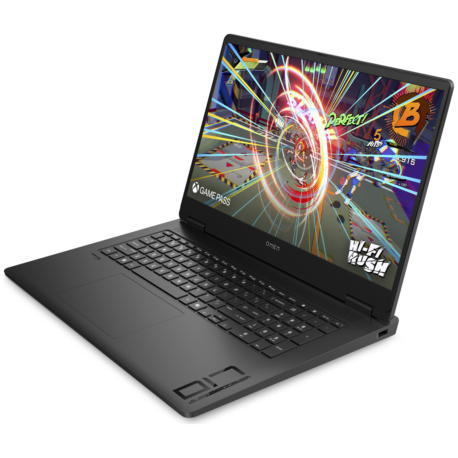Black Omen laptop displaying Hi-Fi Rush game, Xbox Game Pass logo visible.