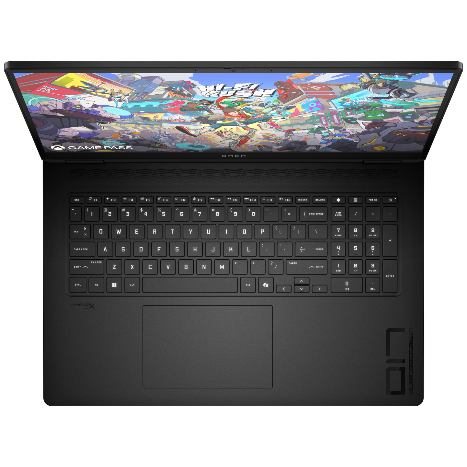 Black laptop with open screen displaying a colorful game.