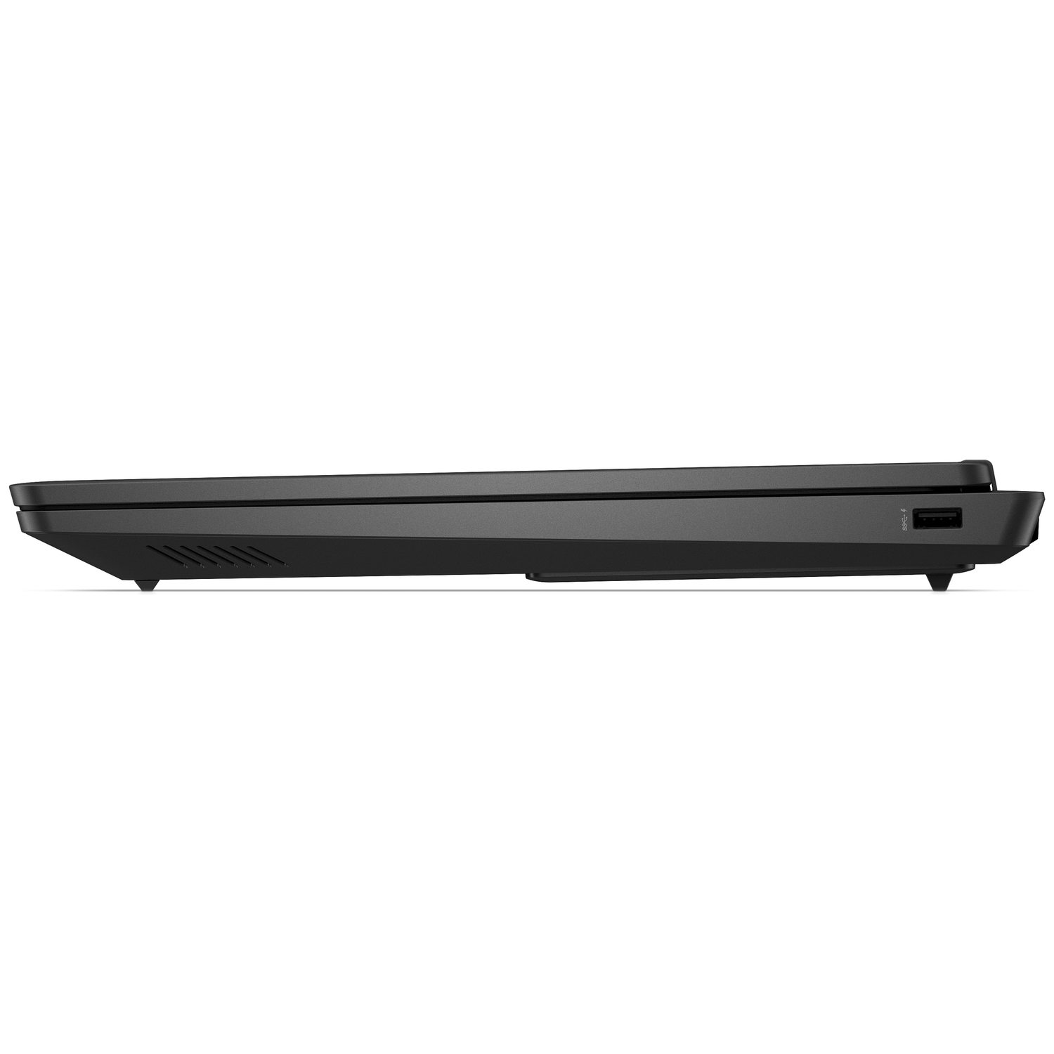 Side view of a closed black laptop showing a USB port and ventilation slots.