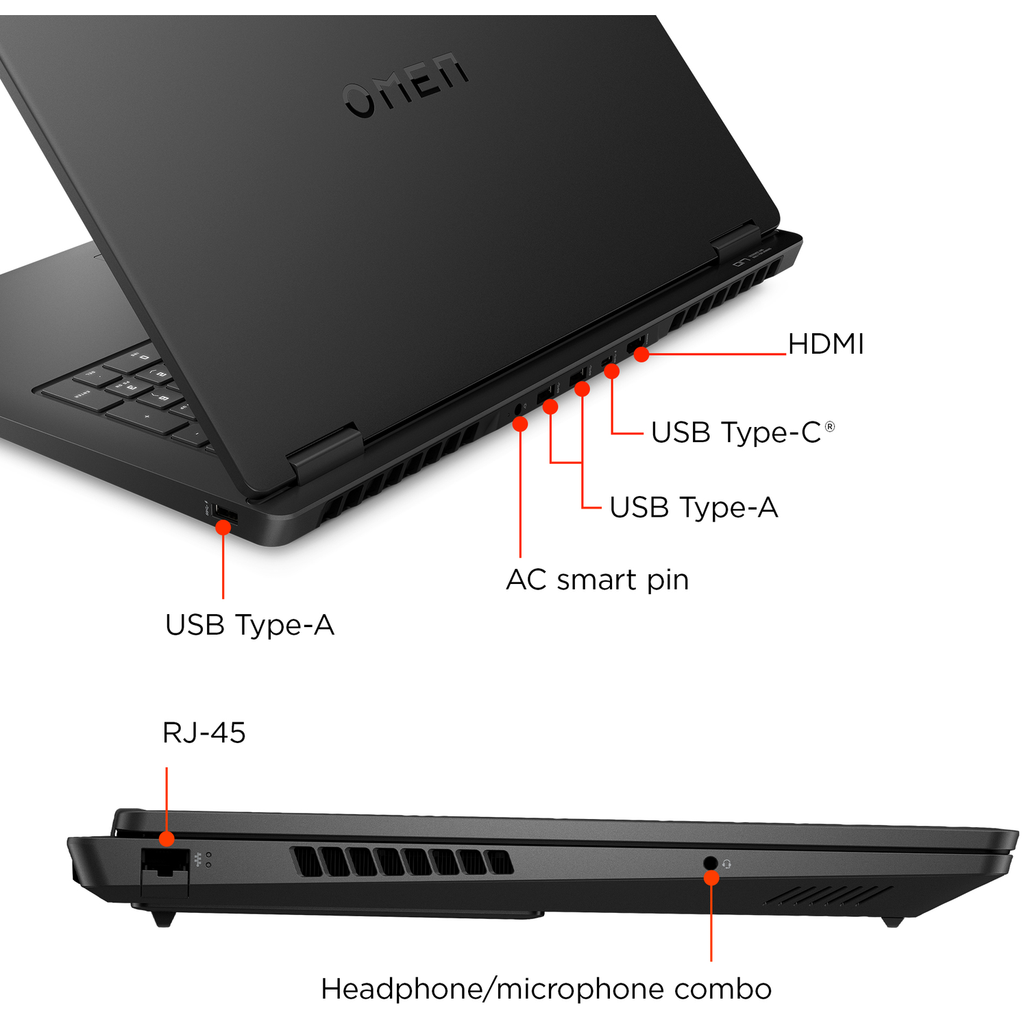 Black laptop showing ports: HDMI, USB-C, USB-A, RJ-45, headphone/mic combo.