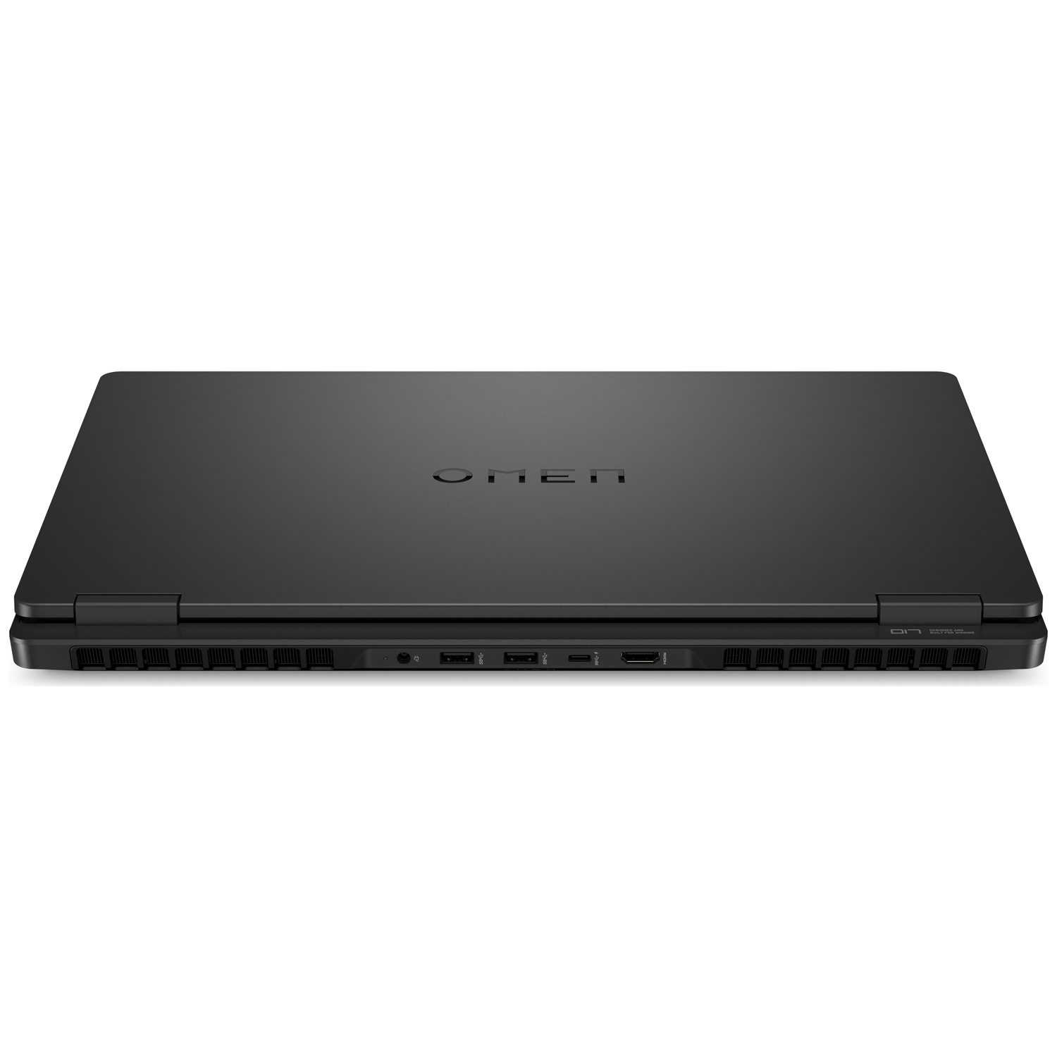 Closed black laptop with OMEN logo. Vents on the side.