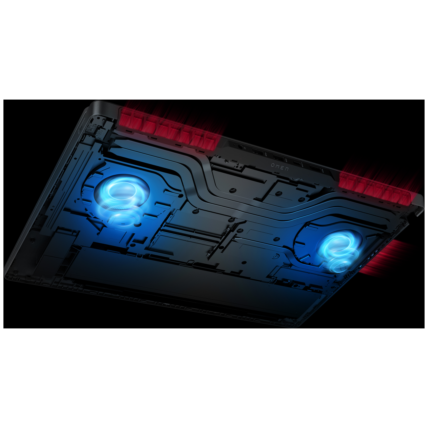 Laptop interior with blue fans and red heat dissipation.
