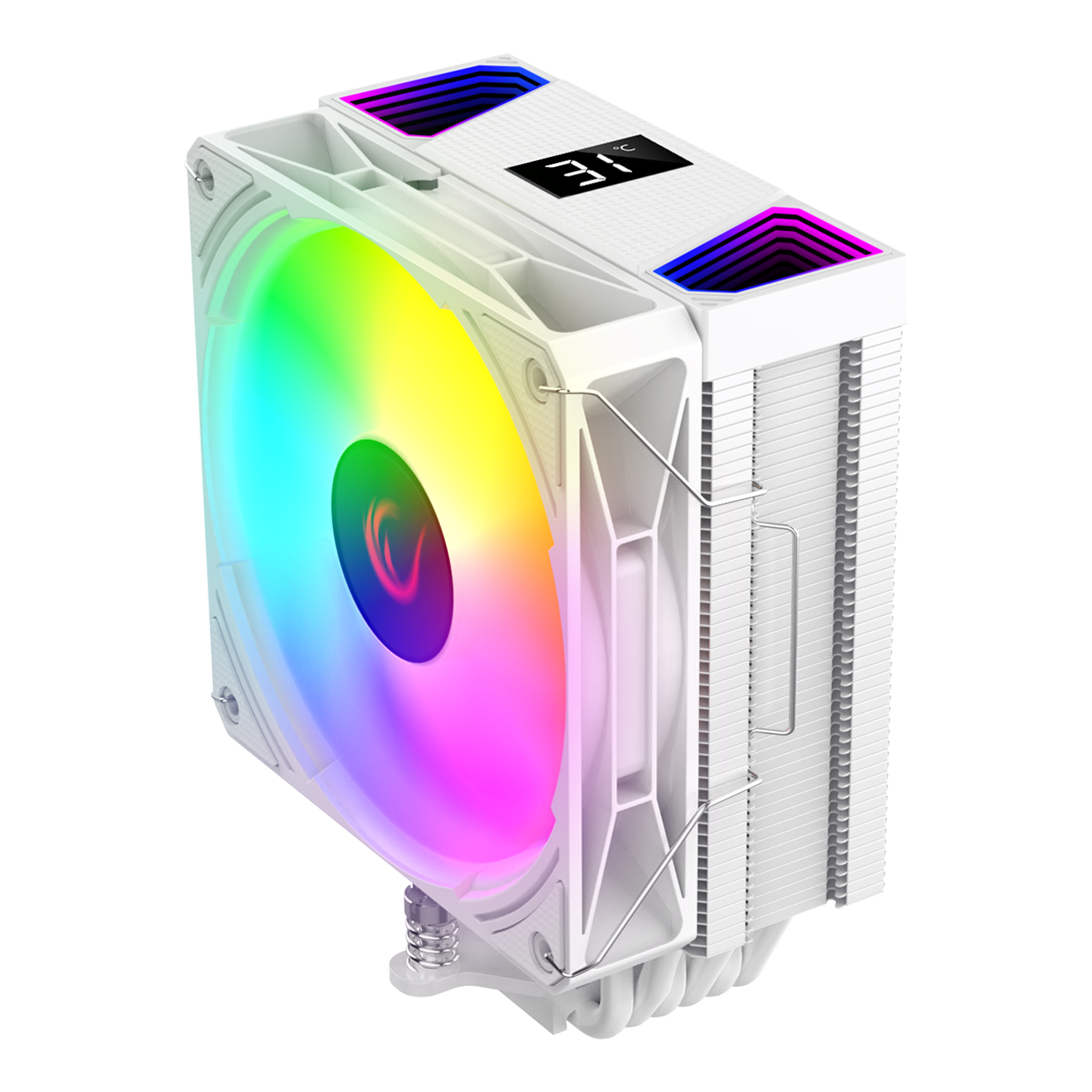 RGB fanlı ve dijital sıcaklık göstergeli beyaz CPU soğutucu.