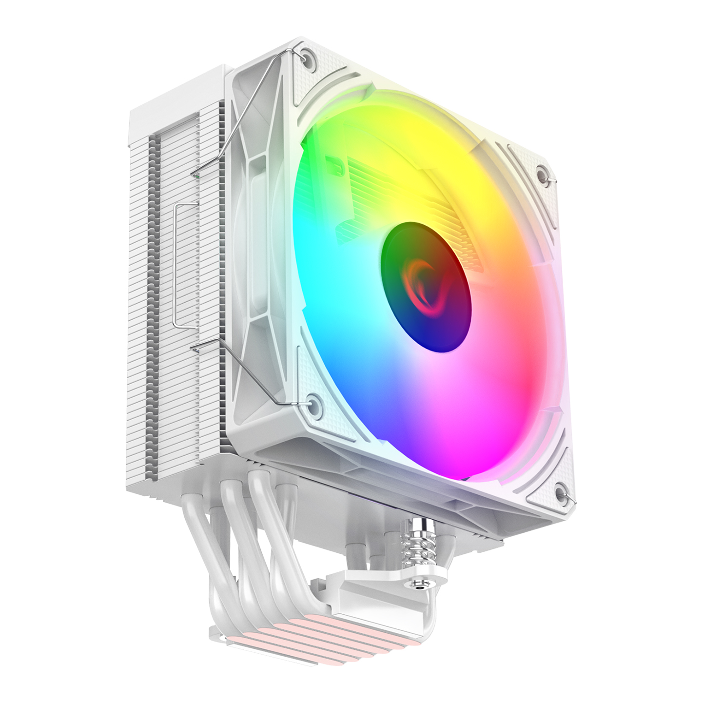 RGB fanlı ve ısı borulu beyaz CPU soğutucu.