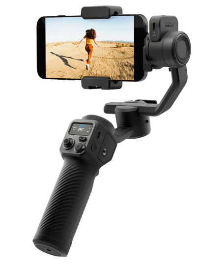 Czarny gimbal trzyma smartfon pokazujący biegnącą kobietę.