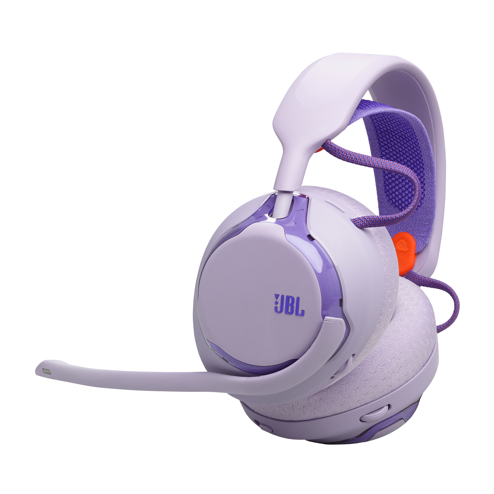 Ein lila JBL-Gaming-Headset mit Mikrofon und orangefarbenen Akzenten.