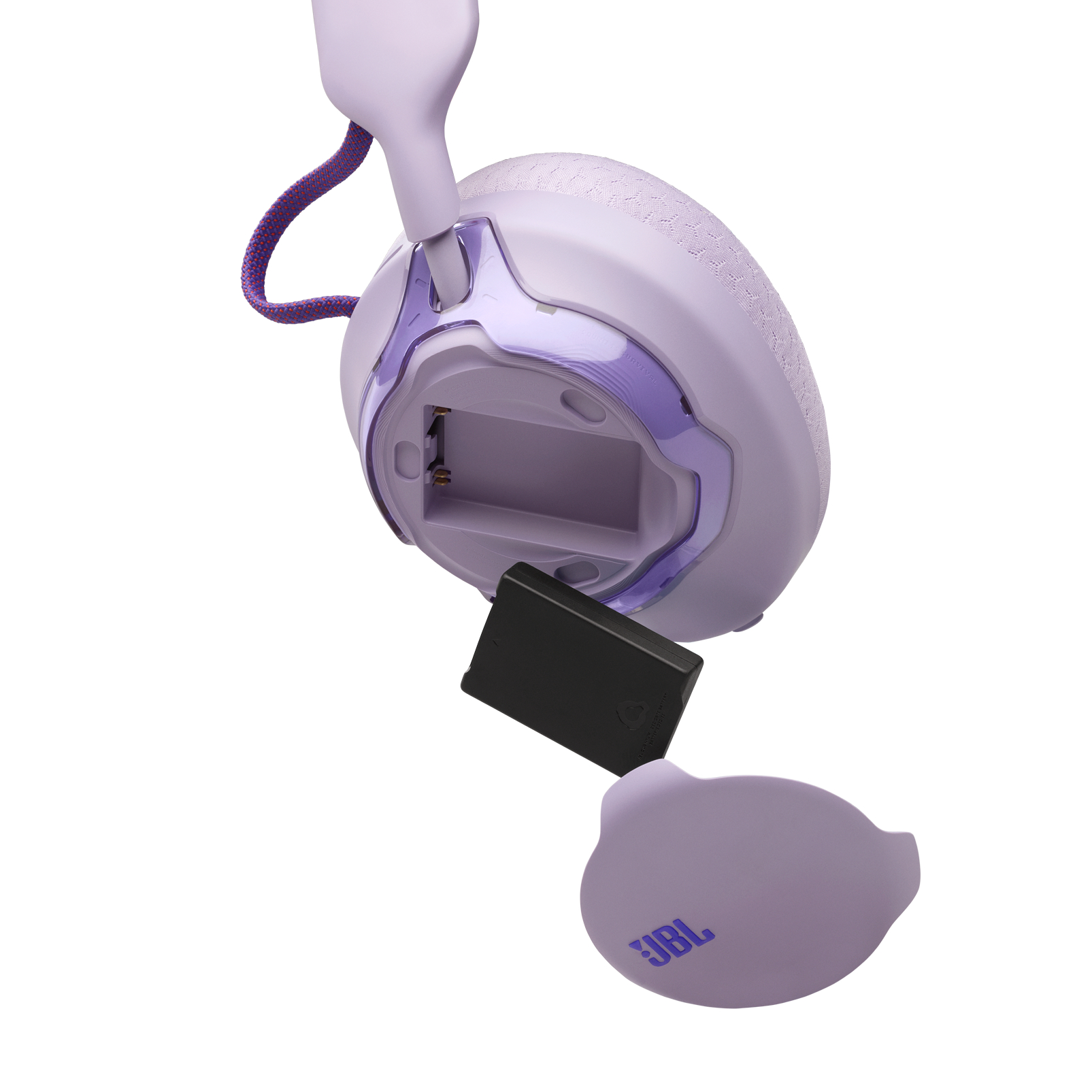 Lila Kopfhörer mit abgenommenem Akku und JBL-Logo.