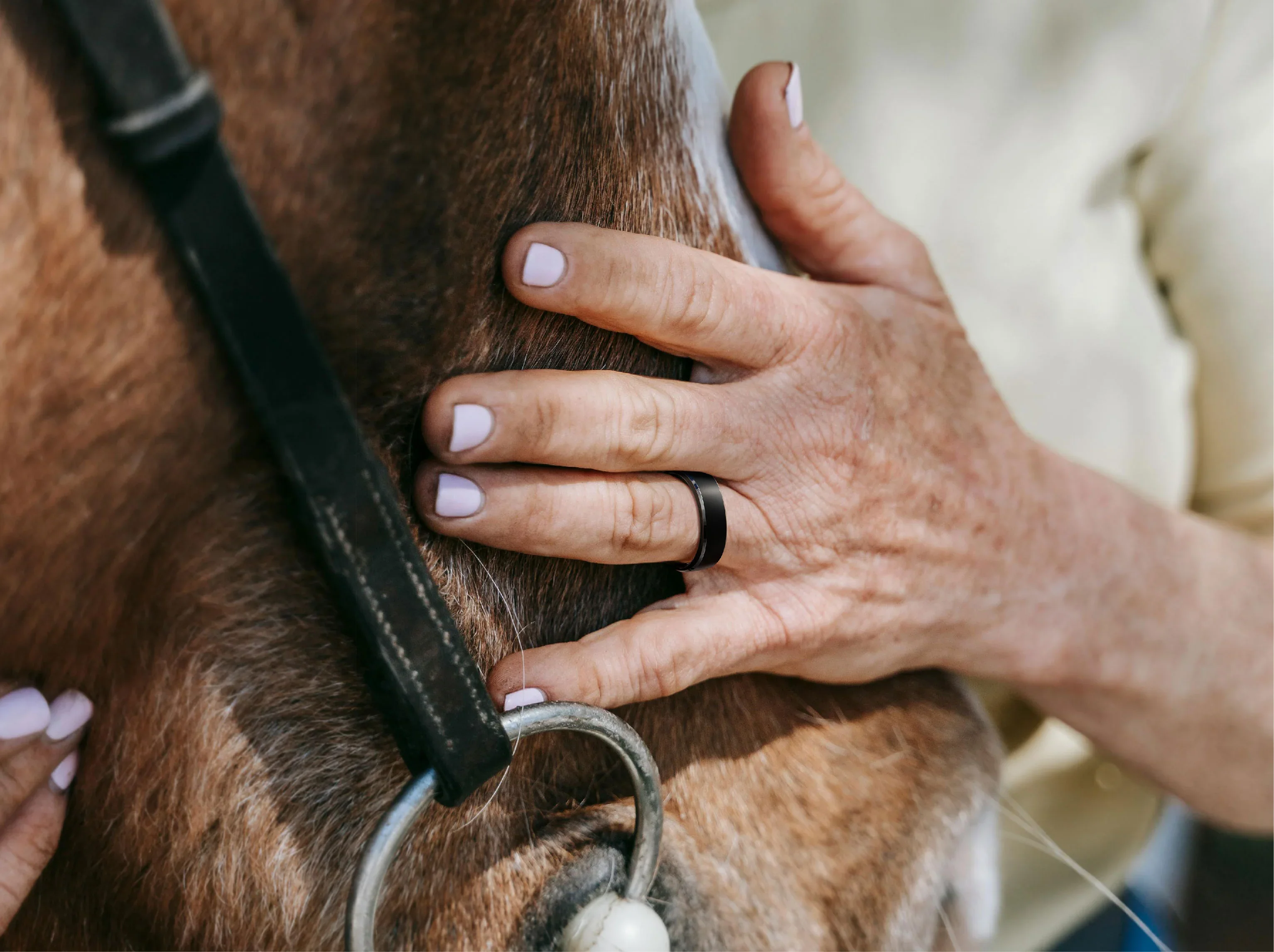Una mano con smalto rosa pallido accarezza il pelo marrone di un cavallo.