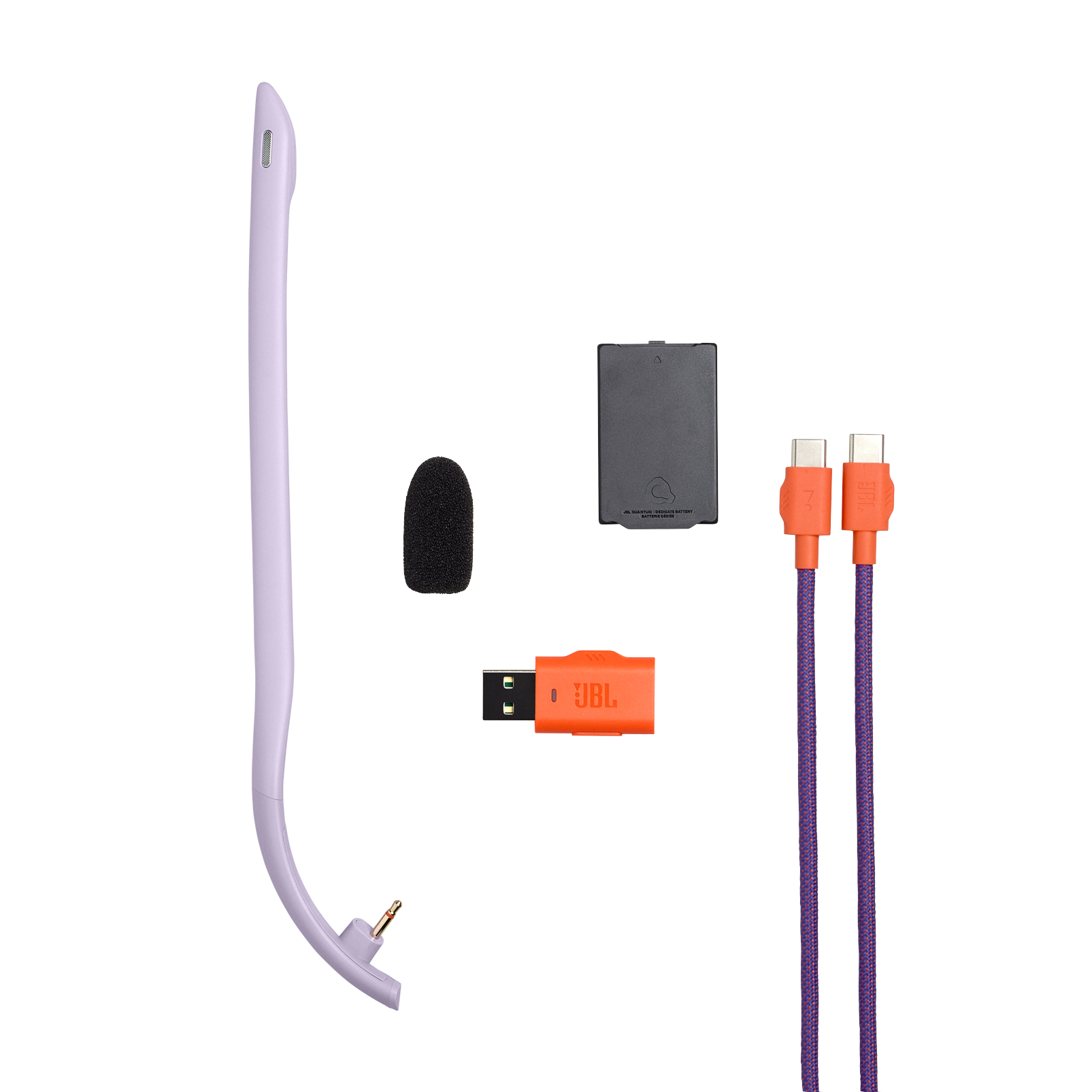 Ein lila Bügel, schwarzer Schaumstoff, USB-Adapter, schwarzer Akku und Ladekabel.