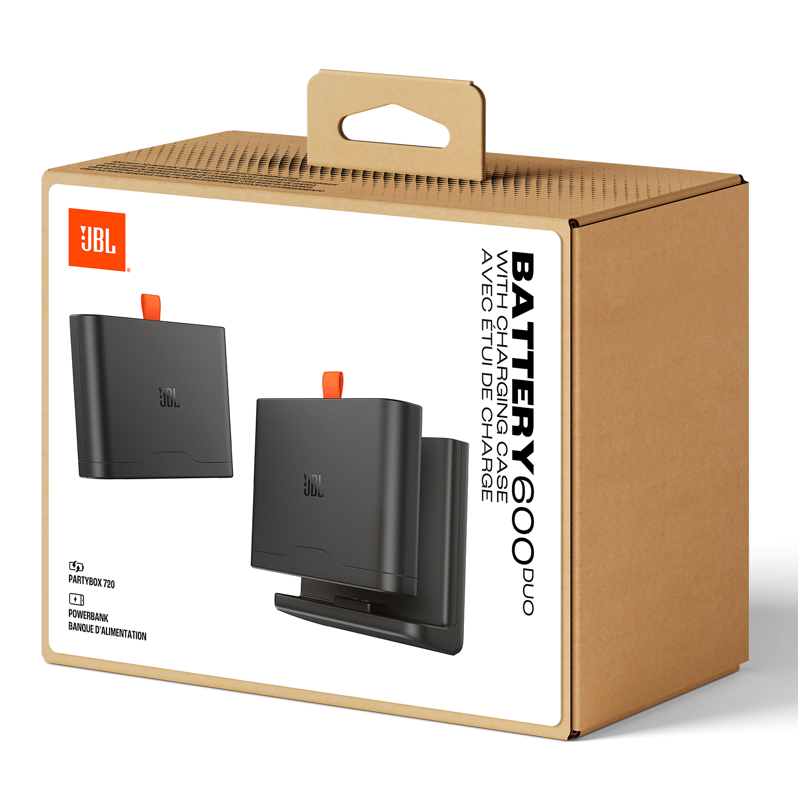 JBL Battery 600 Duo şarj kutulu, iki siyah hoparlör ve aksesuarlar.