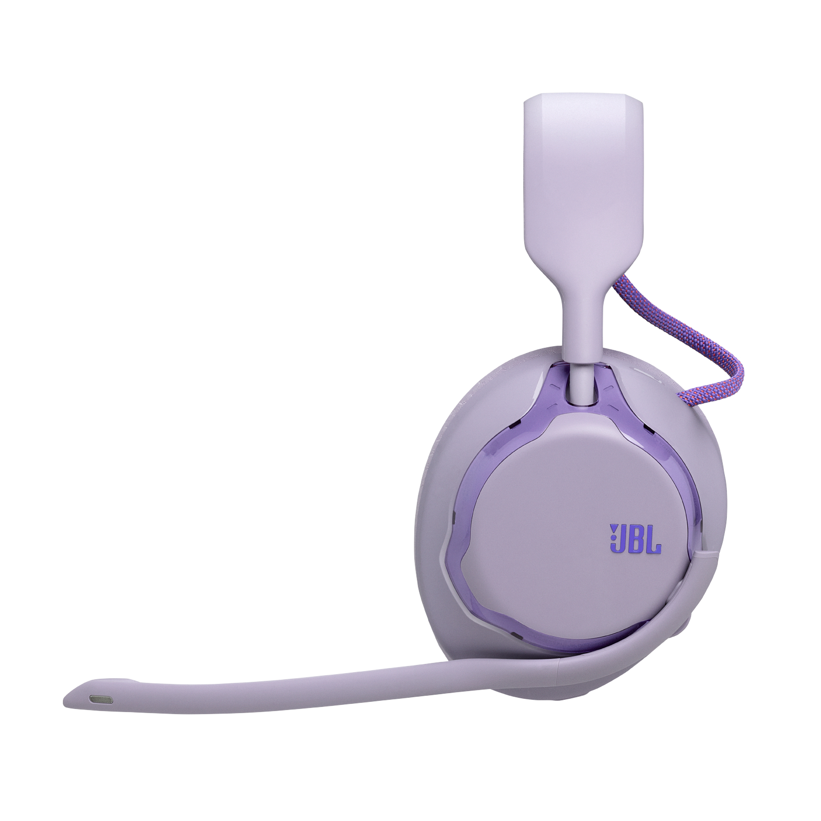 Lila JBL-Kopfhörer mit Mikrofon, auf weißem Hintergrund.