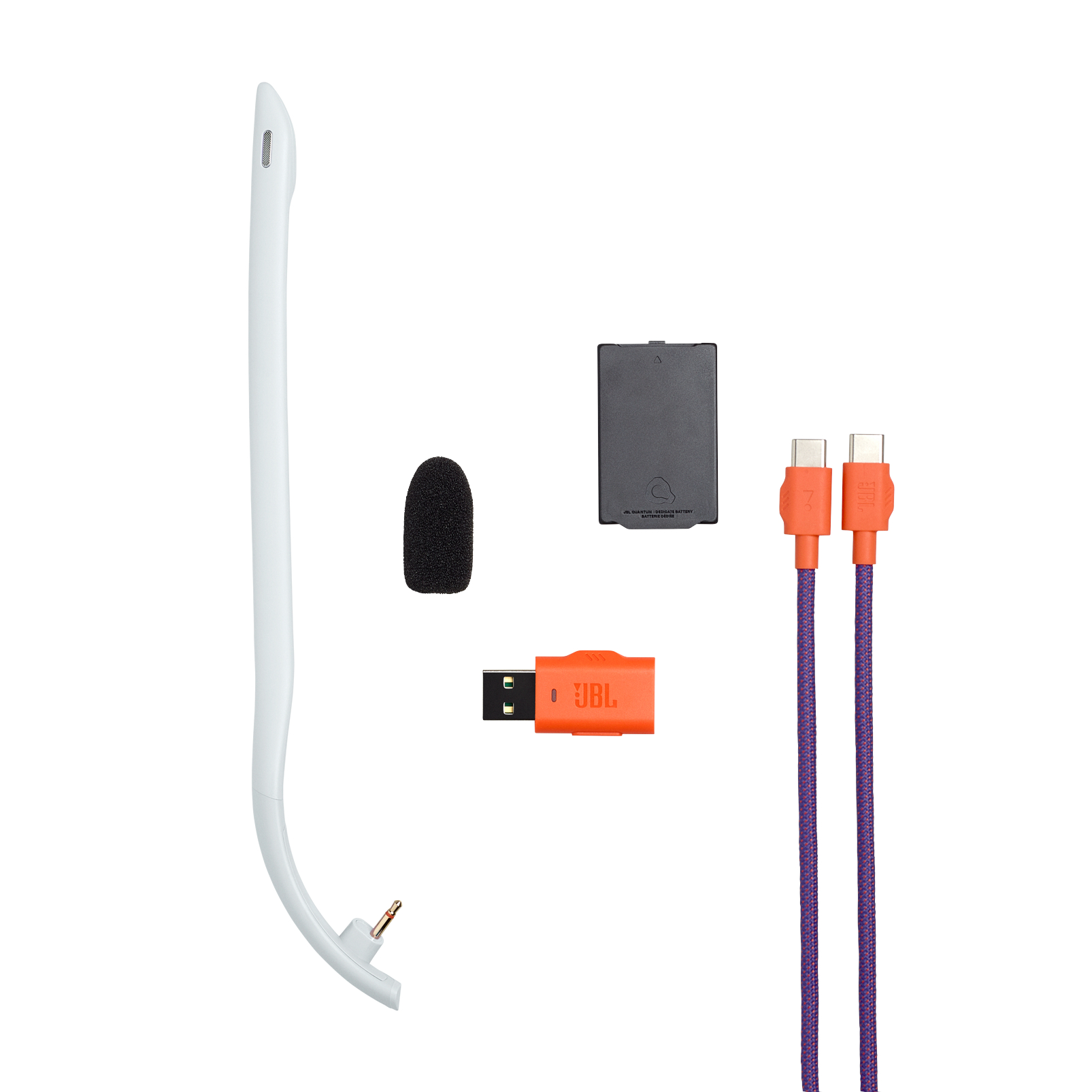 Ein weißer Mikrofonarm, ein schwarzer Schaumstofffilter, ein schwarzer Akku und orangefarbene Kabel.