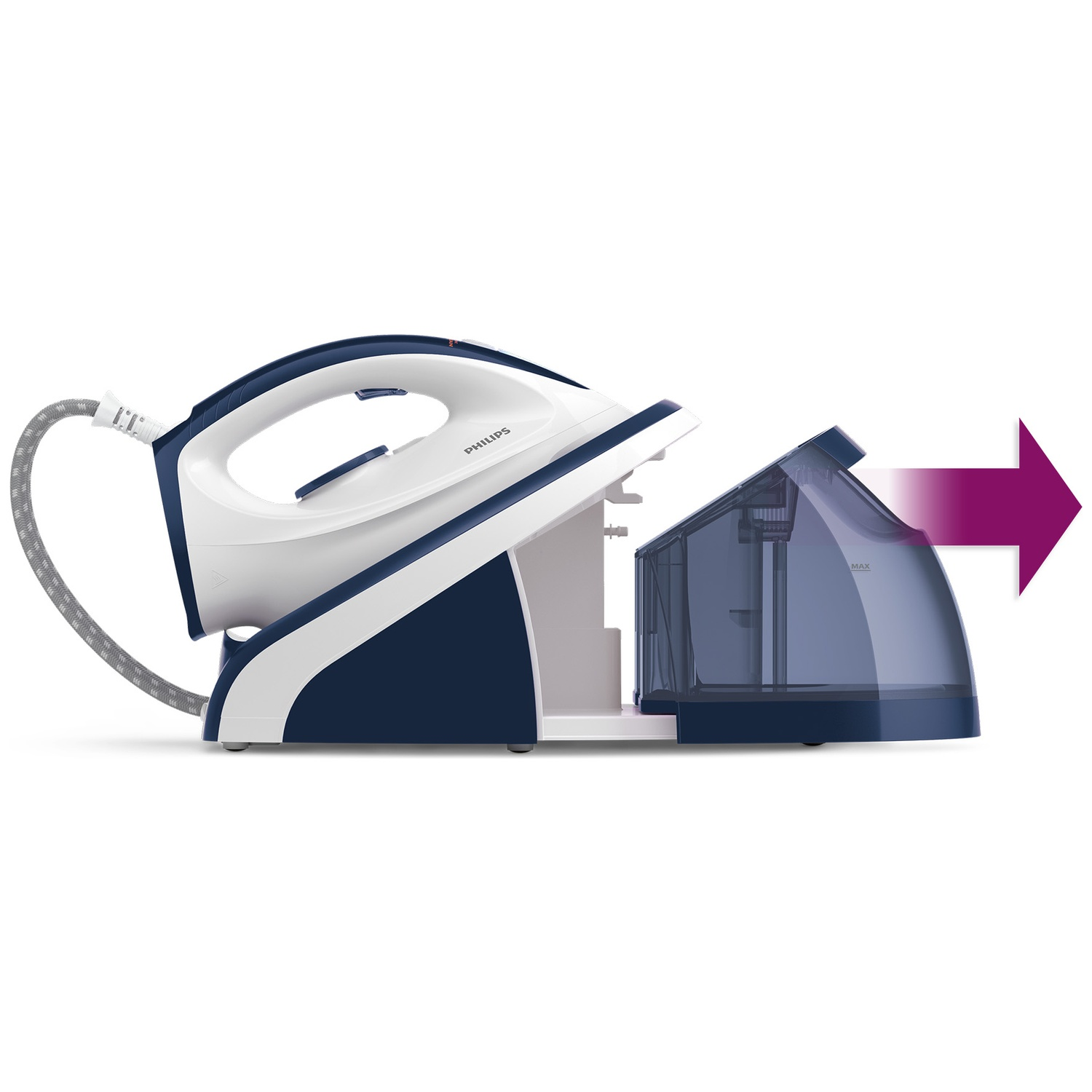 A white and blue steam iron with a detachable water tank and an arrow.