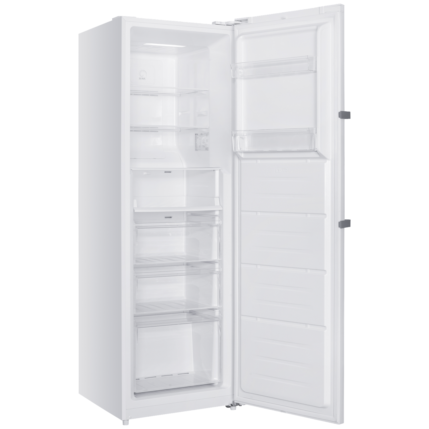 Een witte, lege koelkast met de deur open, met planken en lades.