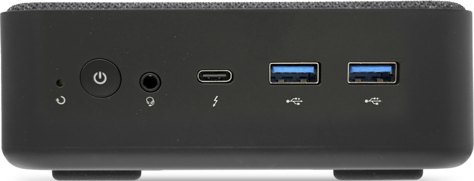 Schwarzer Mini-PC mit Netzschalter, Kopfhörerbuchse, USB-C und zwei USB-A-Anschlüssen.