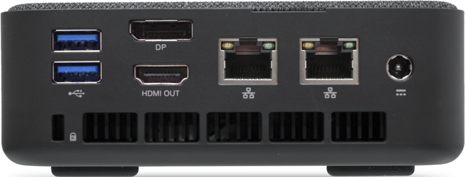 Rückseite eines schwarzen Computers mit USB-, DP-, HDMI-, Ethernet-Anschlüssen.
