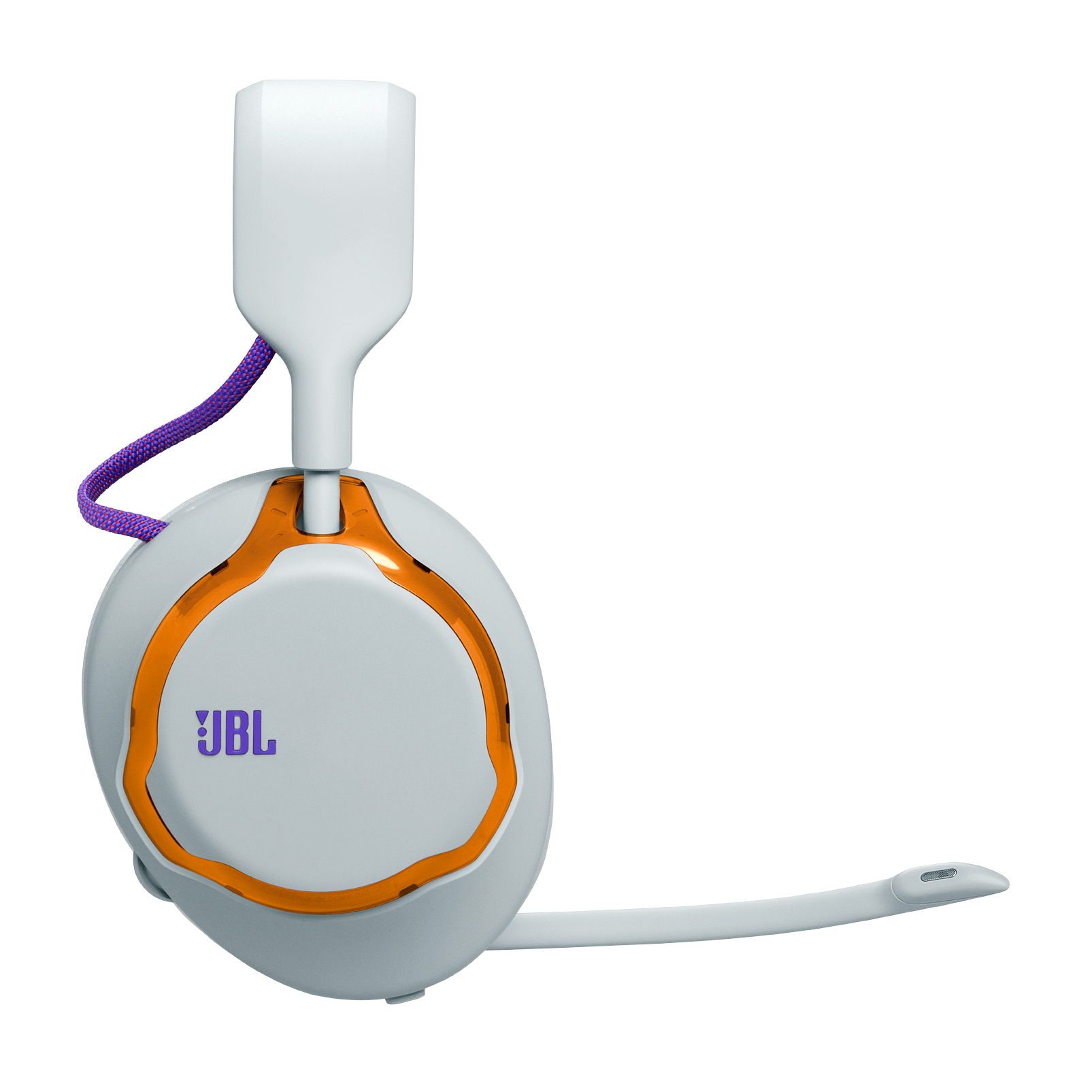 Ein weißes Headset mit orangefarbenen Akzenten und JBL-Logo.