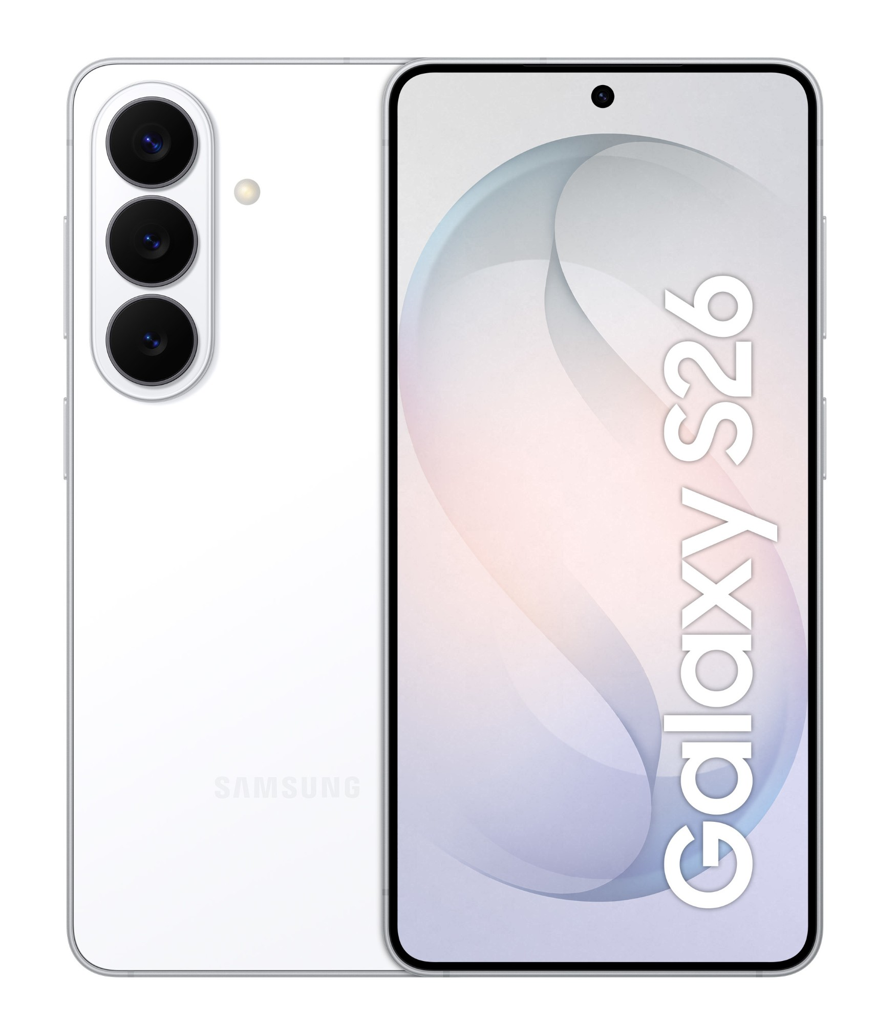 Biały smartfon Samsung Galaxy S26 z trzema tylnymi aparatami.