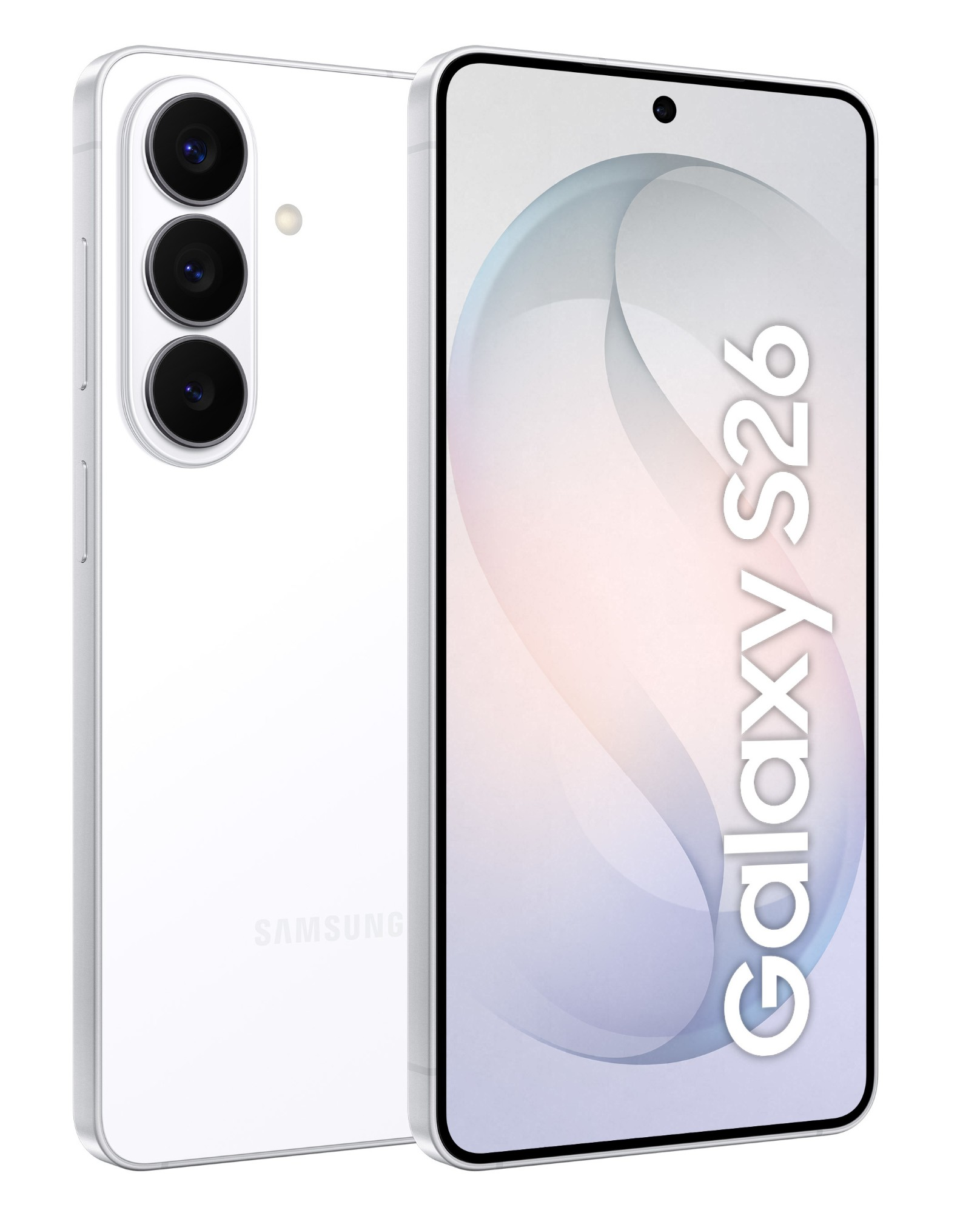 Biały smartfon Samsung Galaxy S26 z trzema tylnymi aparatami.
