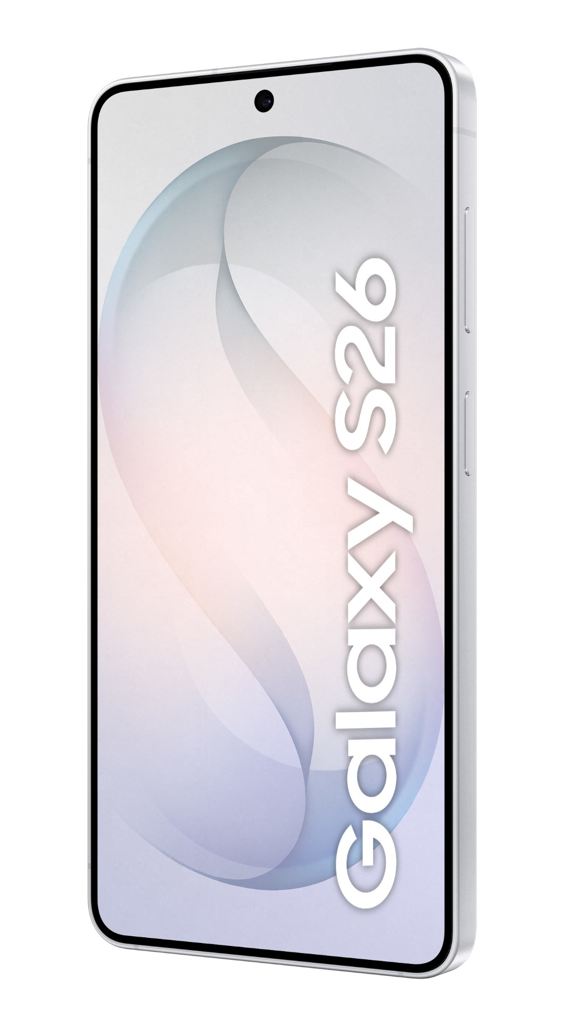 Srebrny smartfon z napisem "Galaxy S26" na ekranie.