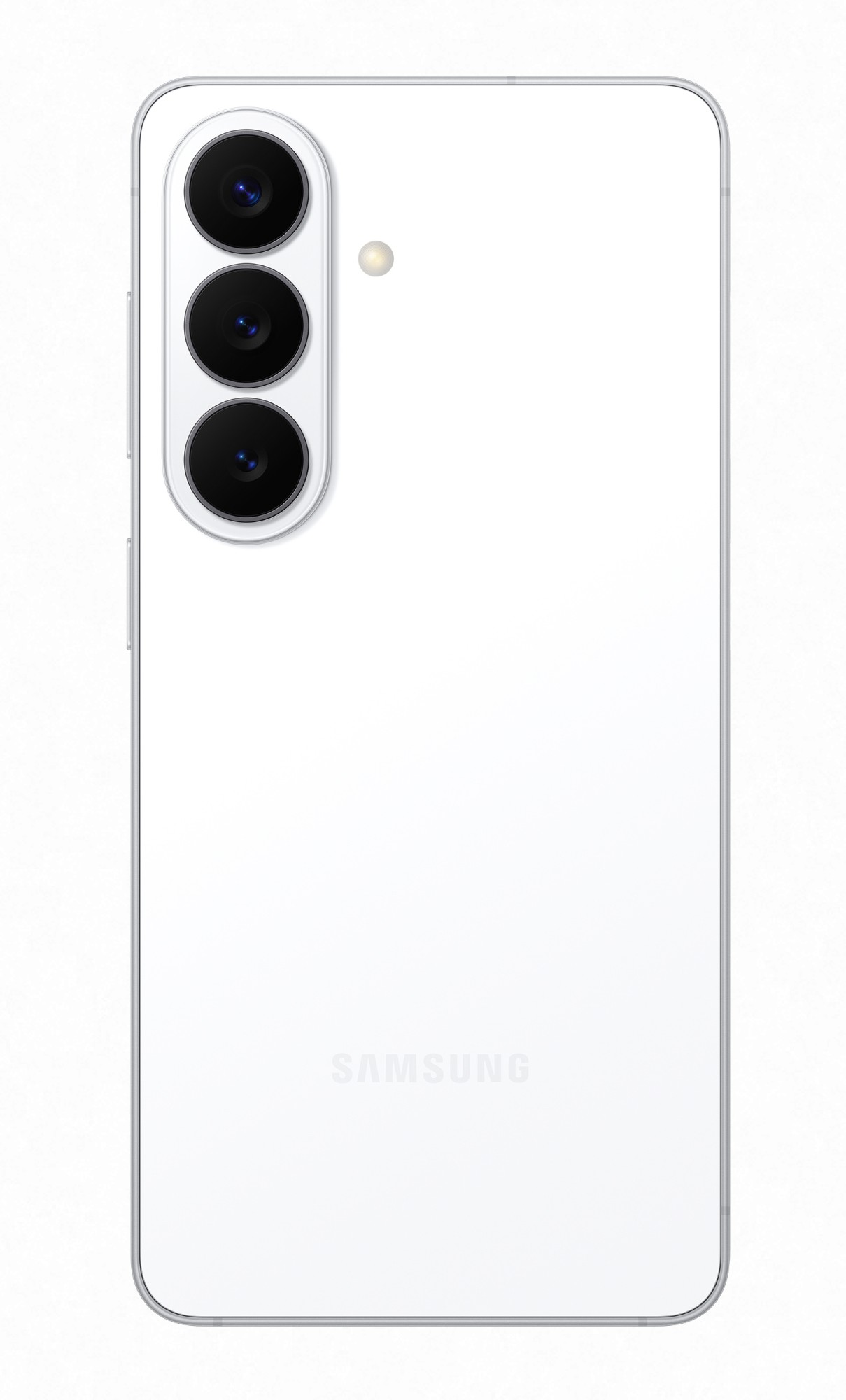 Tył białego smartfona Samsung z trzema aparatami i lampą błyskową.