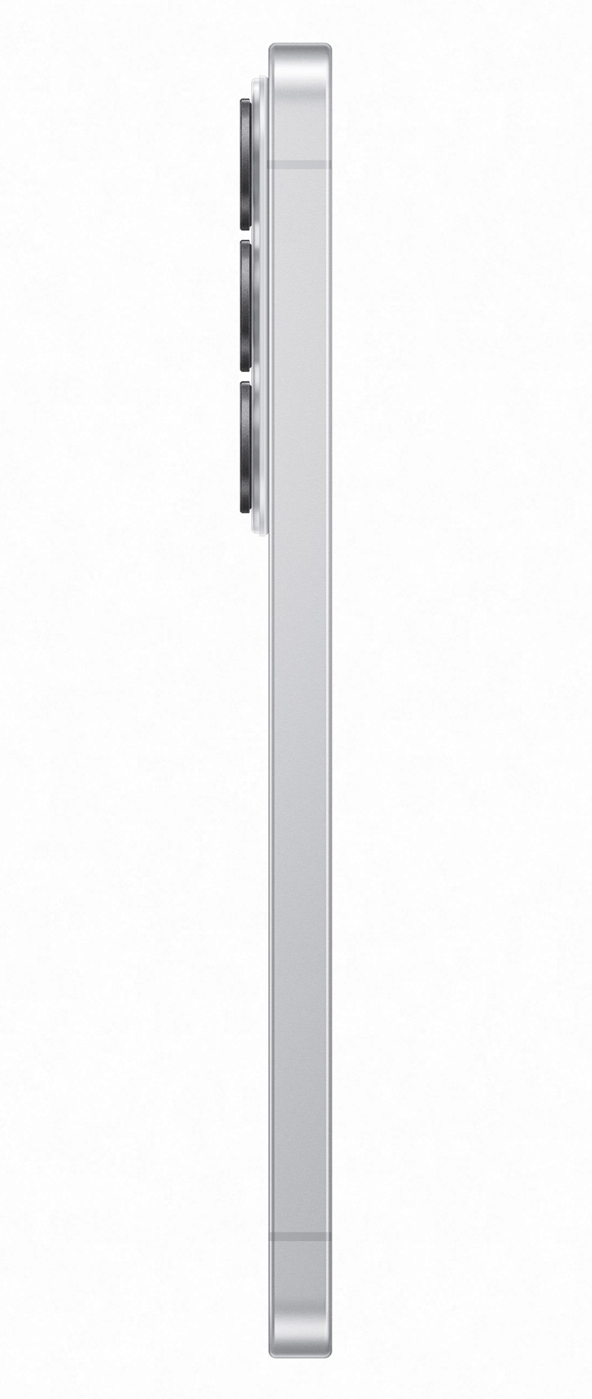 Srebrny smartfon z trzema obiektywami aparatu po lewej stronie.