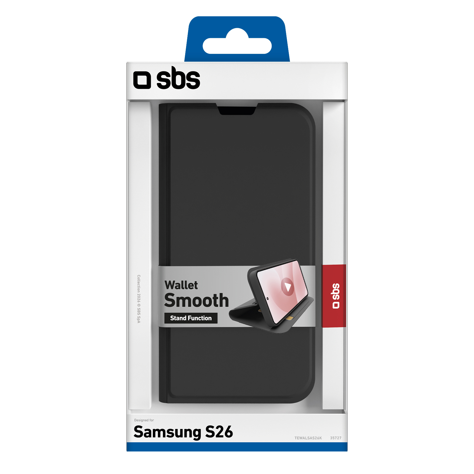 Schwarze Samsung S26 Wallet Hülle mit Standfunktion im SBS-Design.