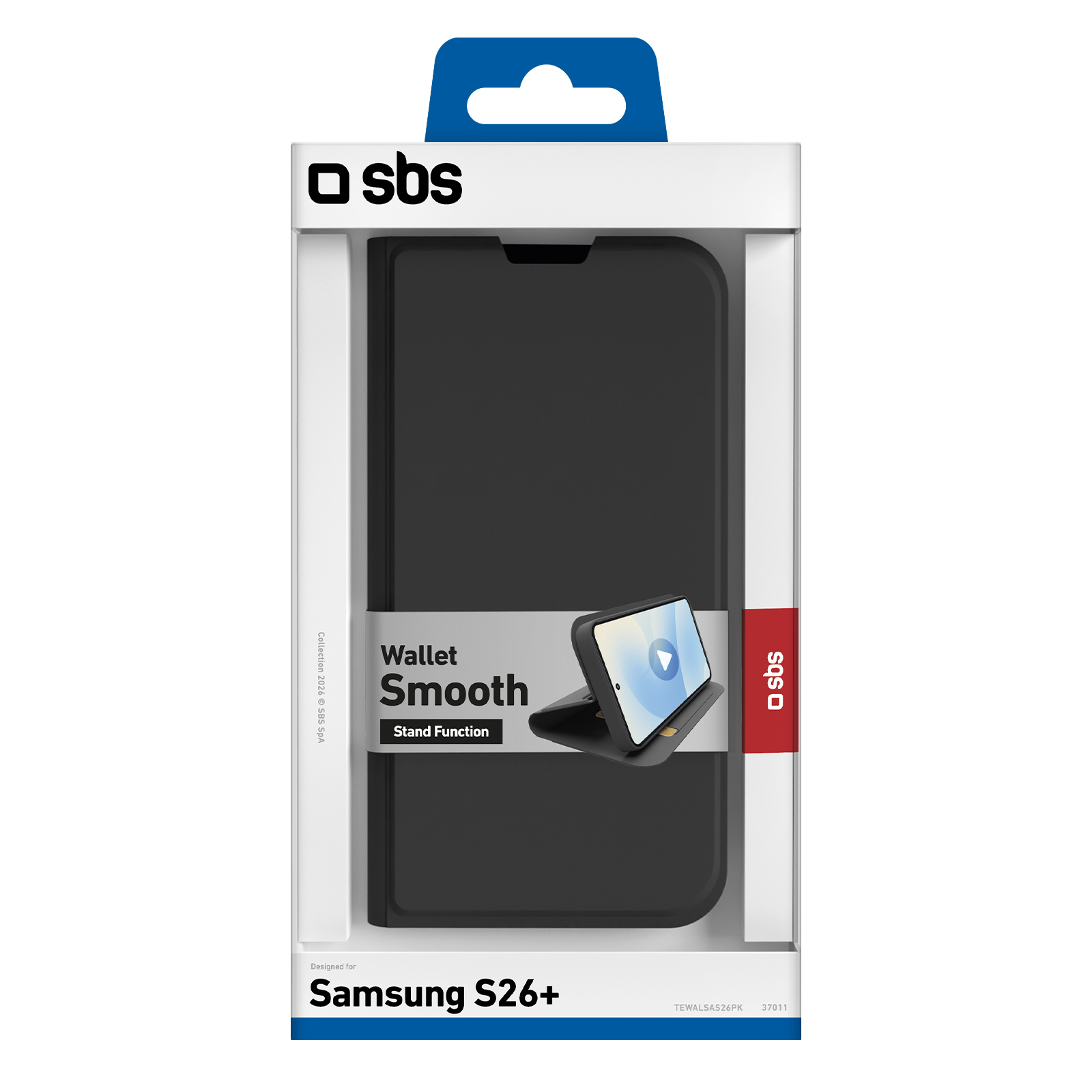 SBS Wallet Smooth Hülle für Samsung S26+ im Karton mit Handy-Display-Abbildung.
