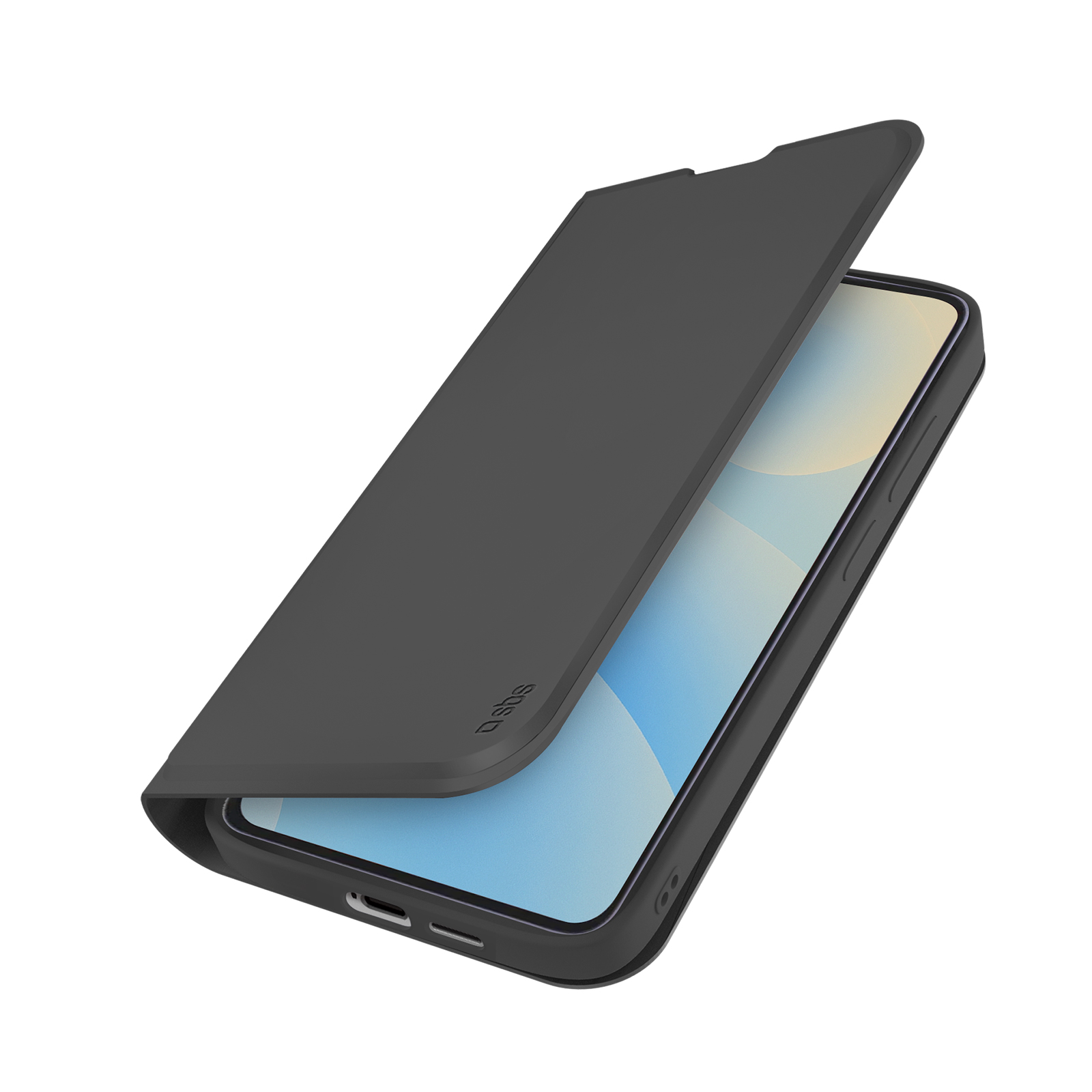 Schwarzes Smartphone mit offenem Flip-Case, das den Bildschirm zeigt.