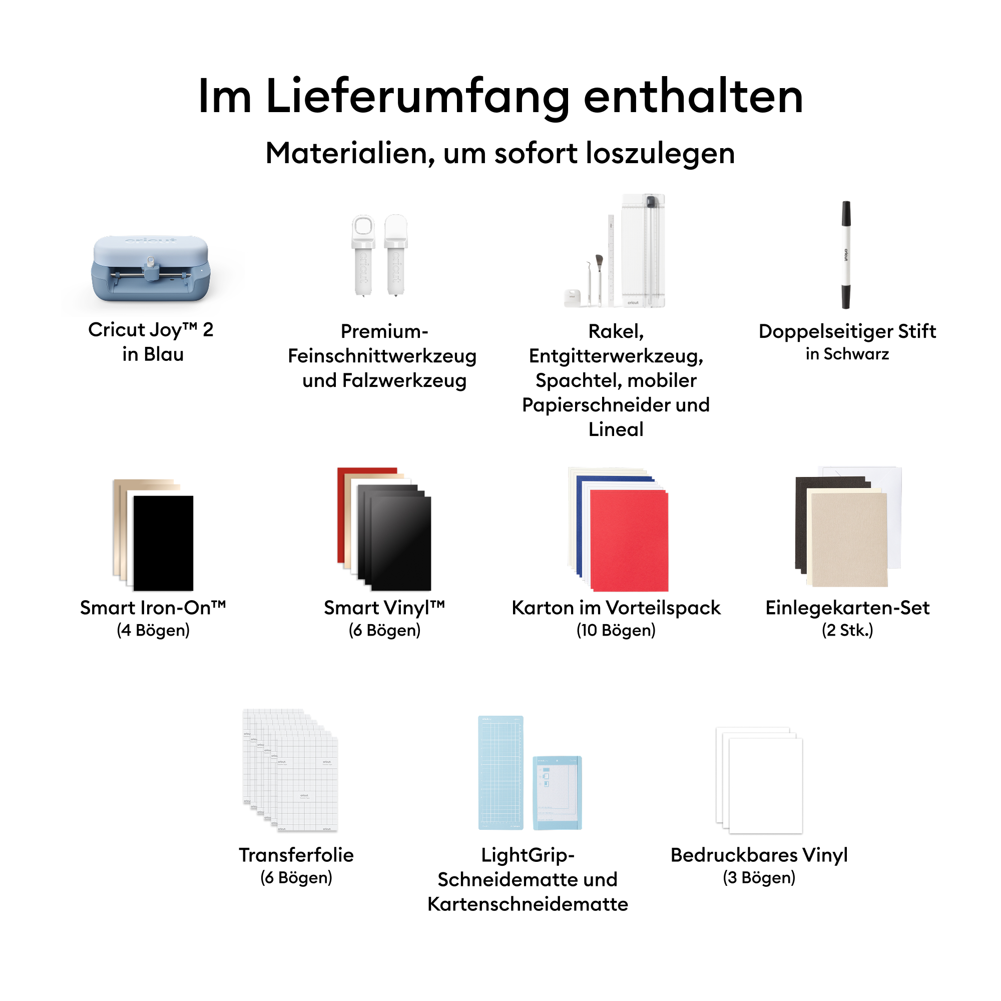 Cricut Joy 2, Werkzeuge, Vinyl, Karton, Transferfolie, Schneidematten.