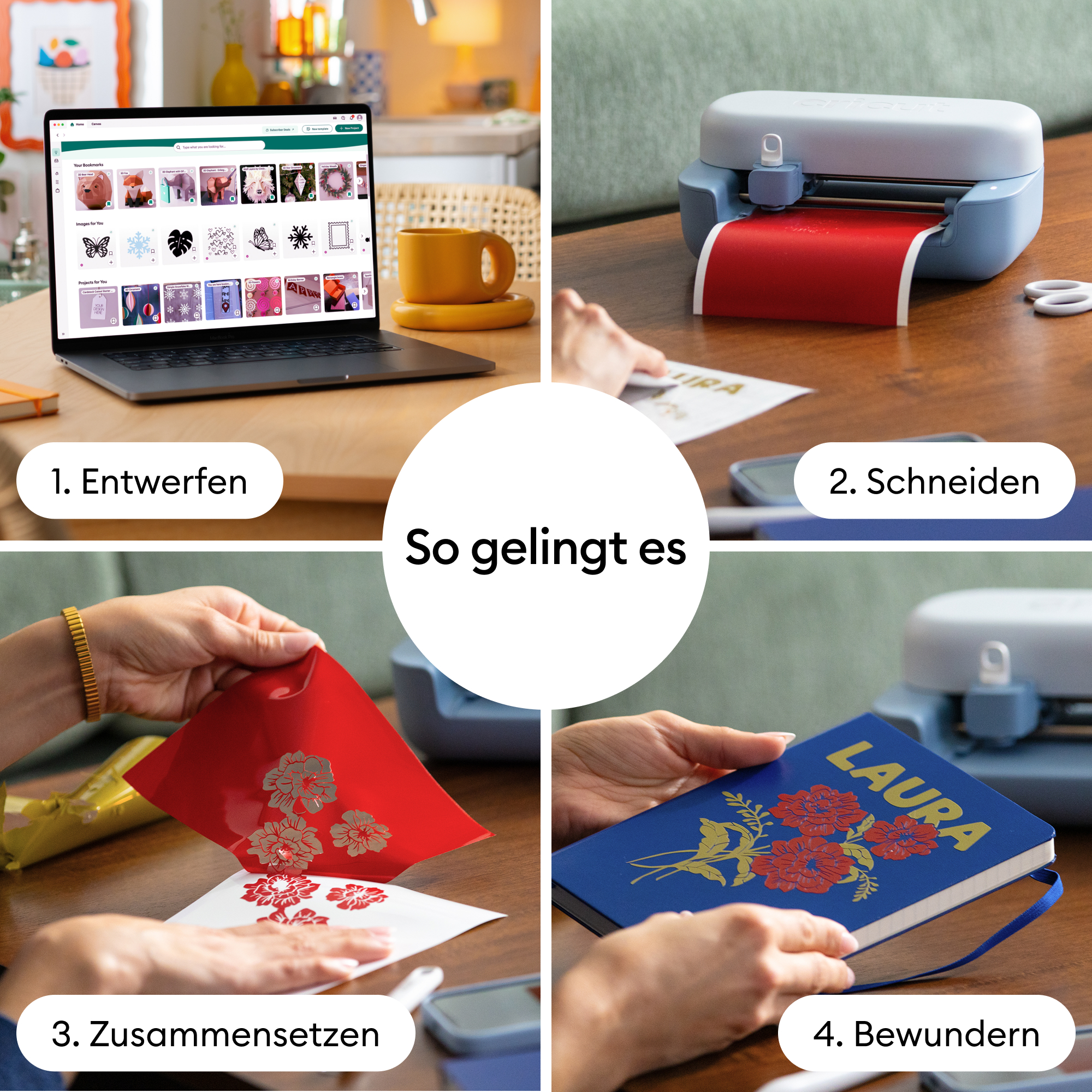 Schritte zum Erstellen einer personalisierten Notizbuchhülle mit einem Schneidegerät.
