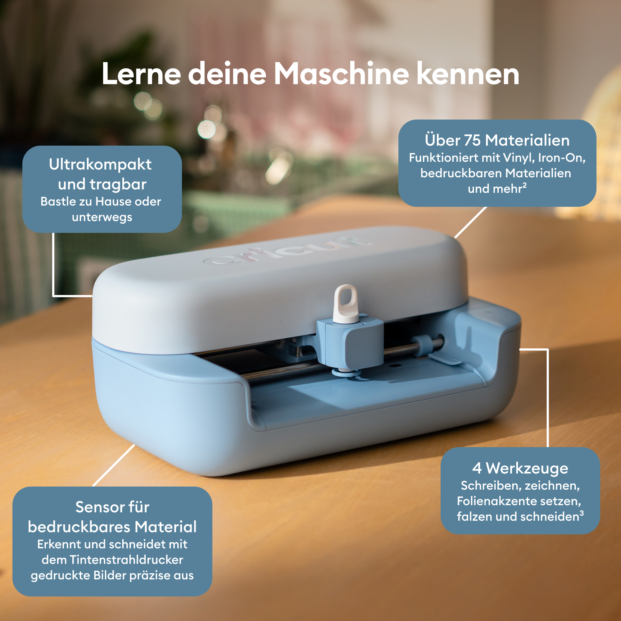 Ein hellblaues und graues Schneidegerät mit Textfeldern, die Funktionen beschreiben.
