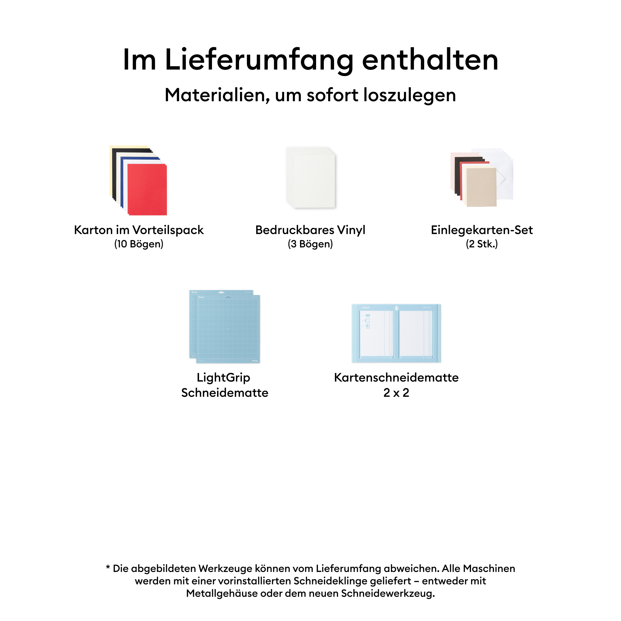 Im Lieferumfang: Karton, Vinyl, Karten, Schneidematten.